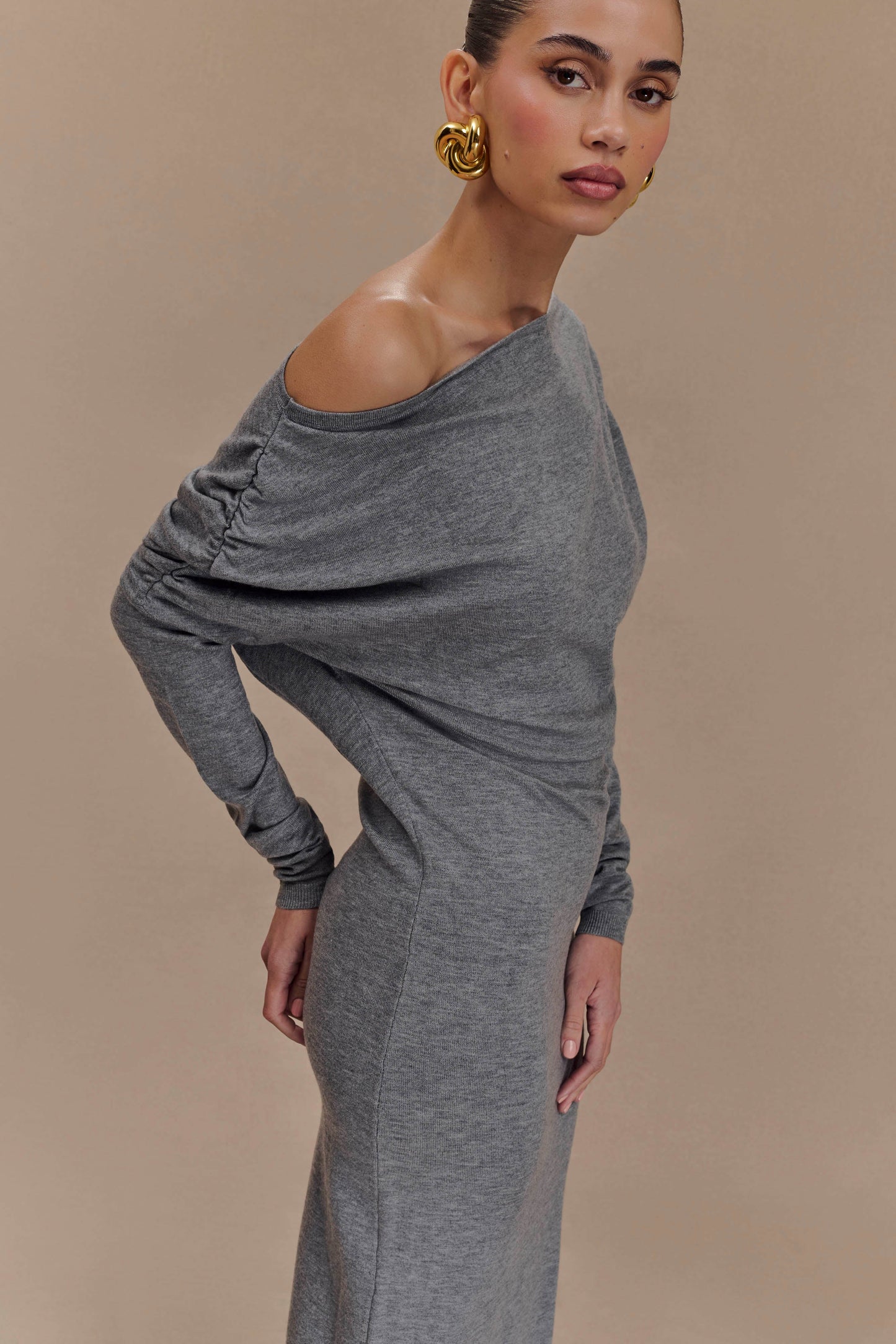 Robe mi-longue en tricot à col montant Jessie - Gris anthracite chiné