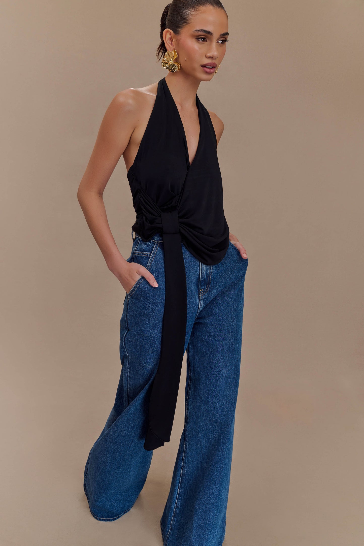 Halter Tyla à drapage et col montant - Noir