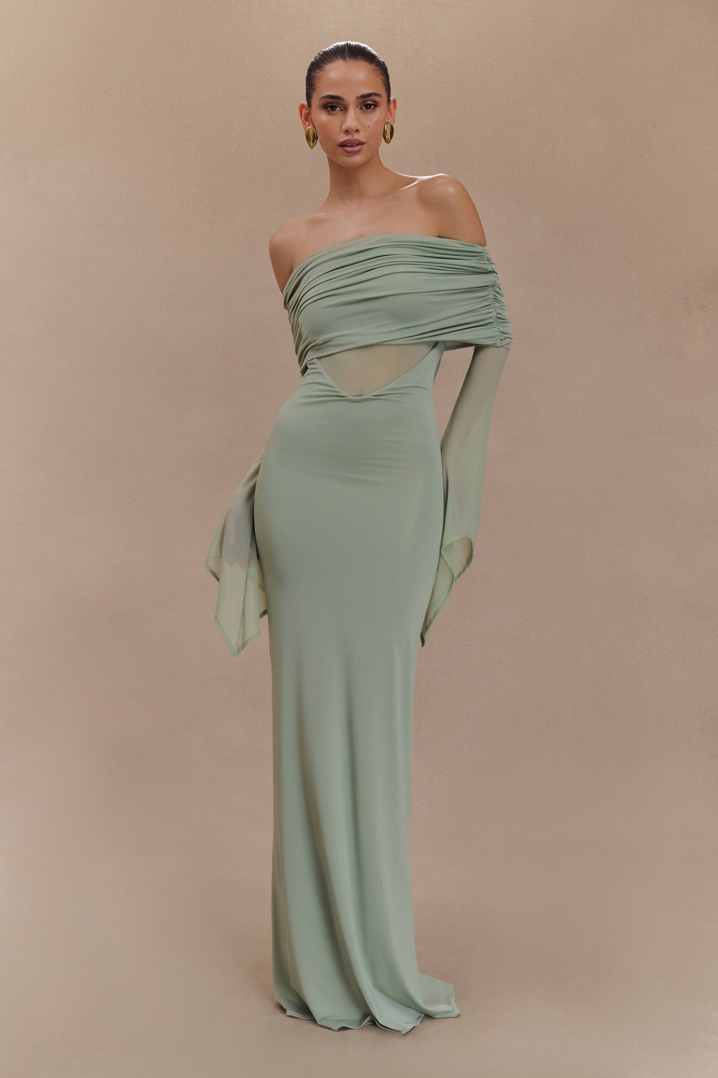 Robe Maxi Épaule Découverte en Mousseline et Maille - Basil