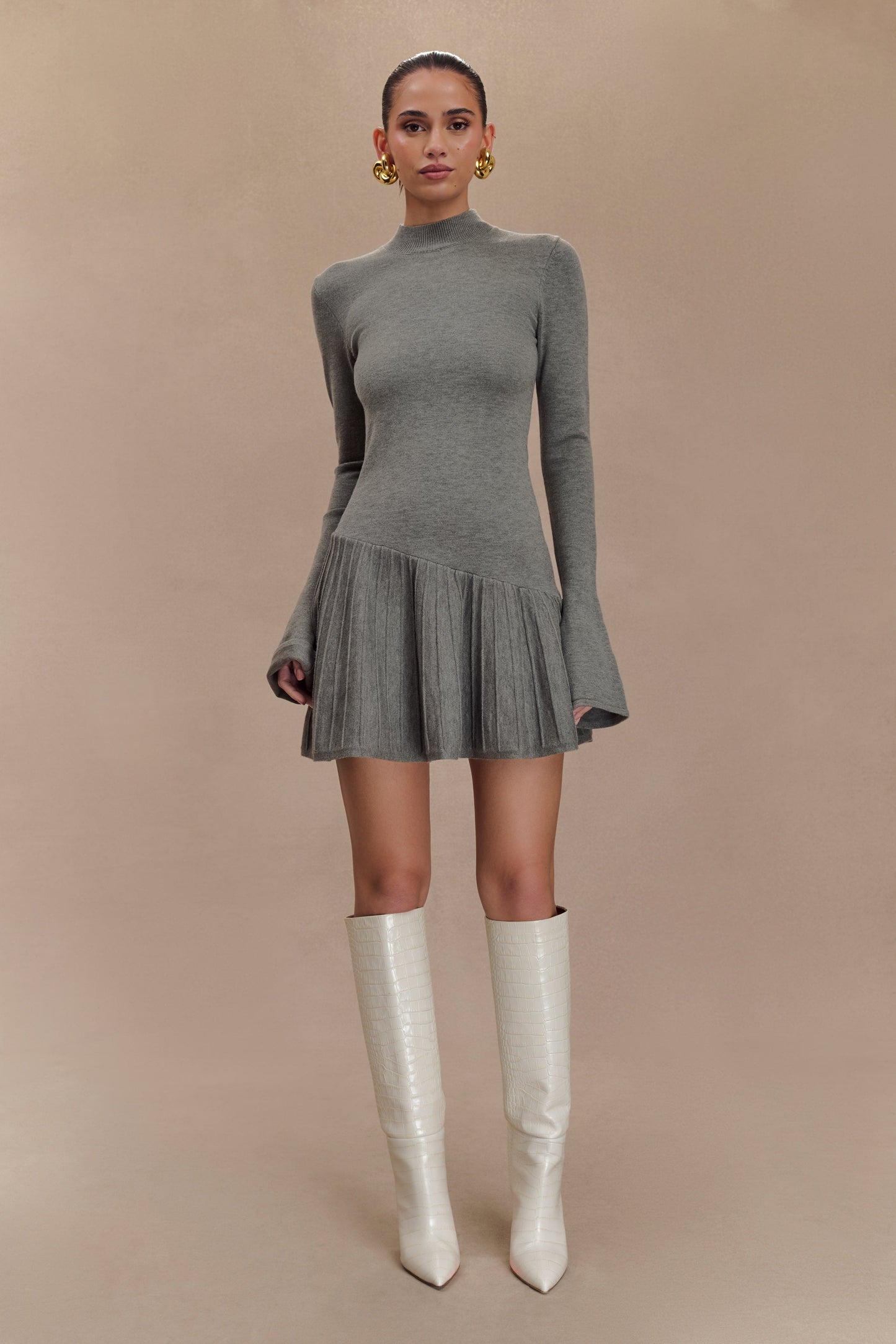 Blair Robe Mini Tricotée avec Plis - Gris Anthracite