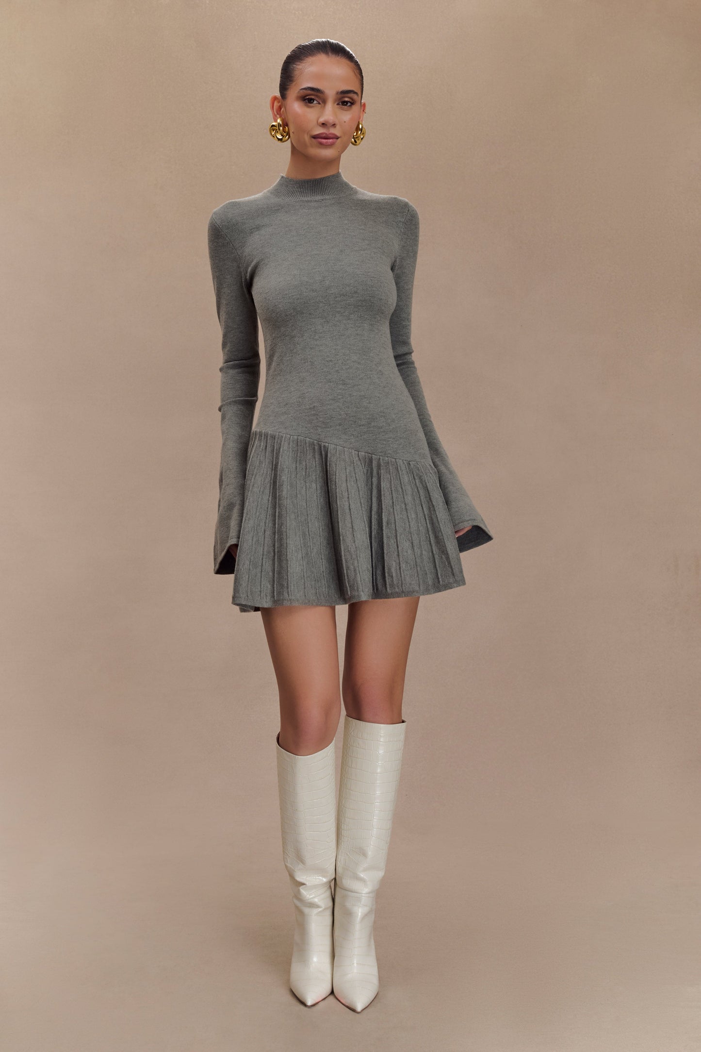 Blair Robe Mini Tricotée avec Plis - Gris Anthracite