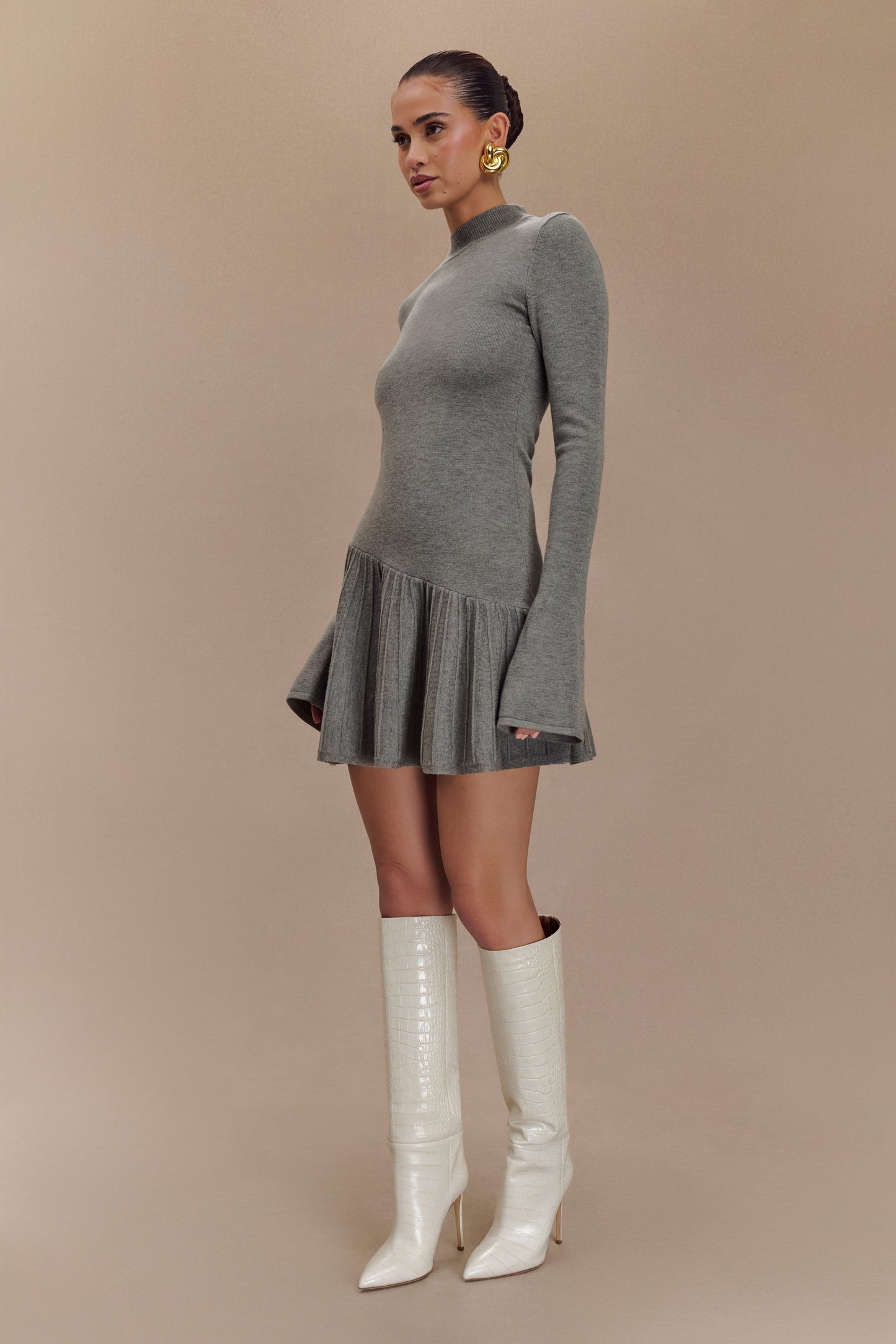Blair Robe Mini Tricotée avec Plis - Gris Anthracite