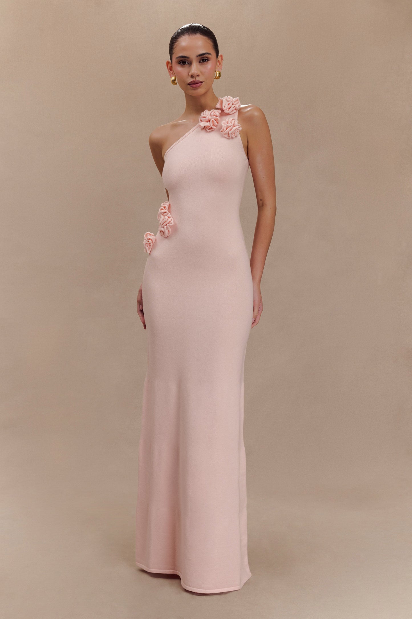 Robe Maxi Tricotée à Une Épaule Paloma avec Fleurs - Rose Poussière