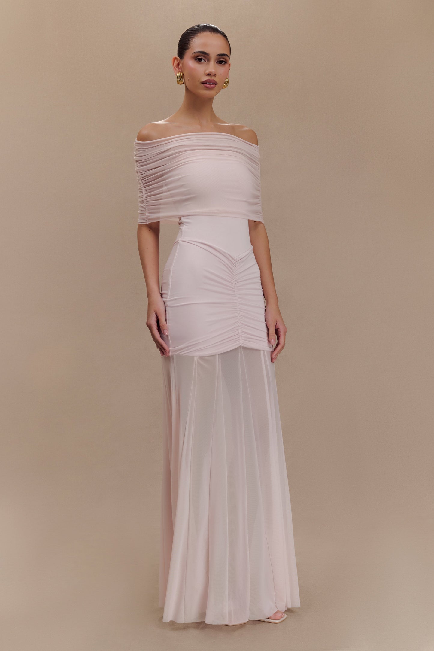 Robe Maxi Décolletée et à Manches en Mousseline et Maille - Rose Pâle