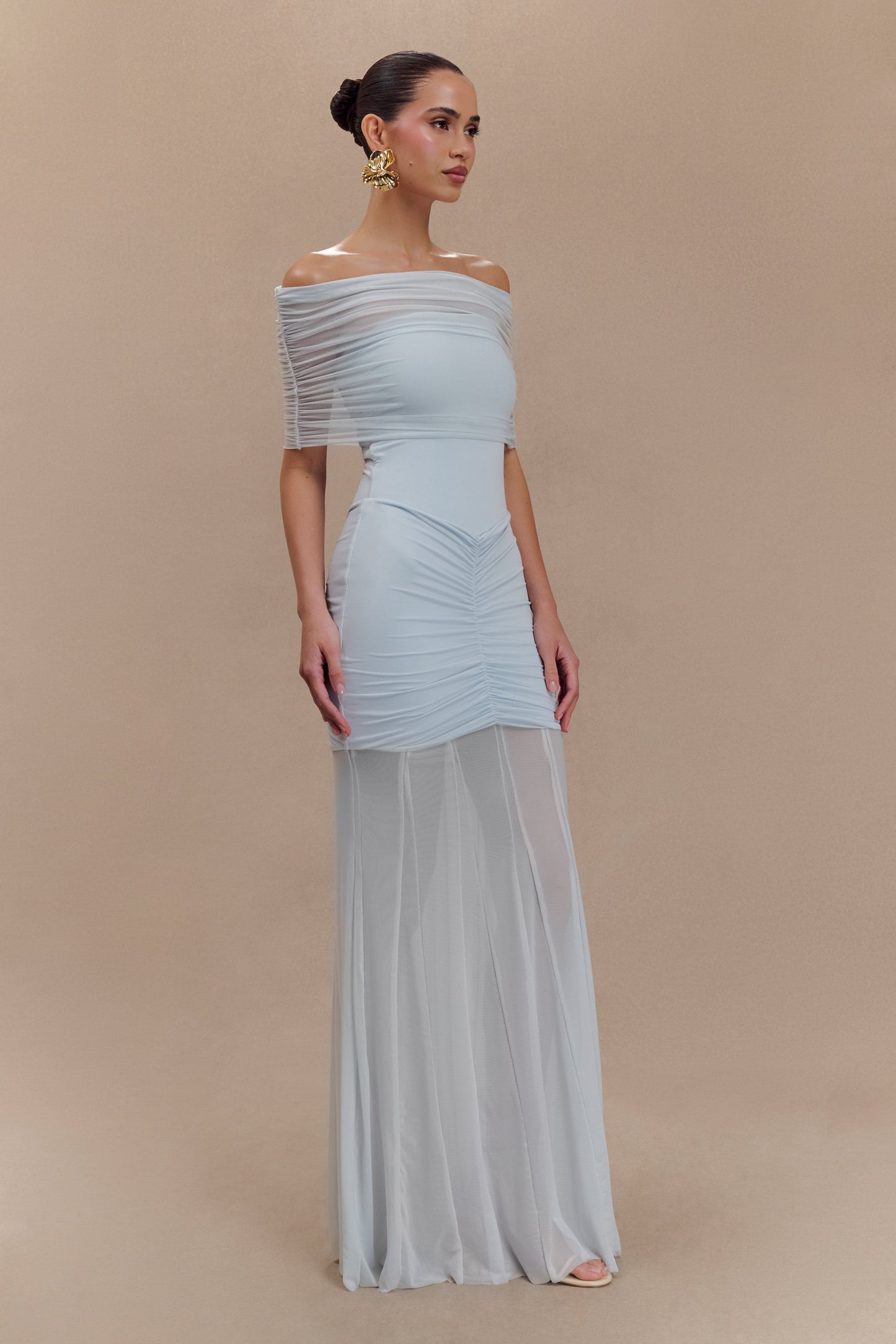 Robe Maxi Décolletée et à Manches Frangées en Mousseline et Maille - Bleu Clair