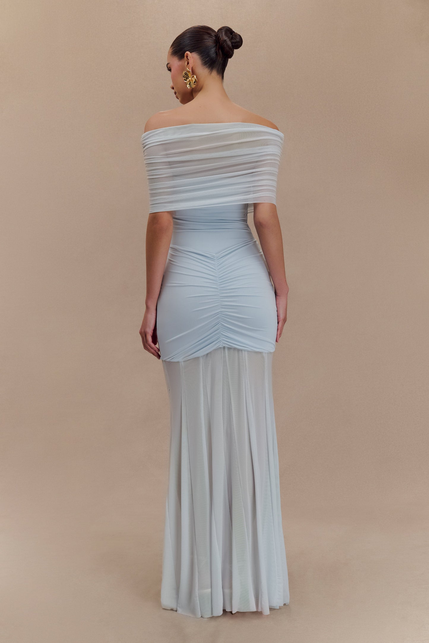 Robe Maxi Décolletée et à Manches Frangées en Mousseline et Maille - Bleu Clair