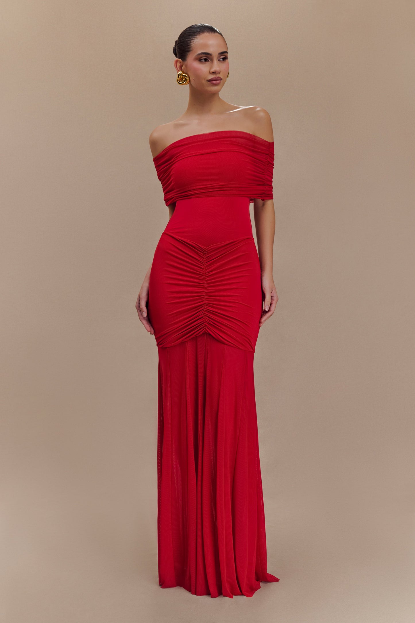 Robe Maxi Décolletée et à Emmanchures Découvrant les Épaulettes en Maille et Jersey - Rubis