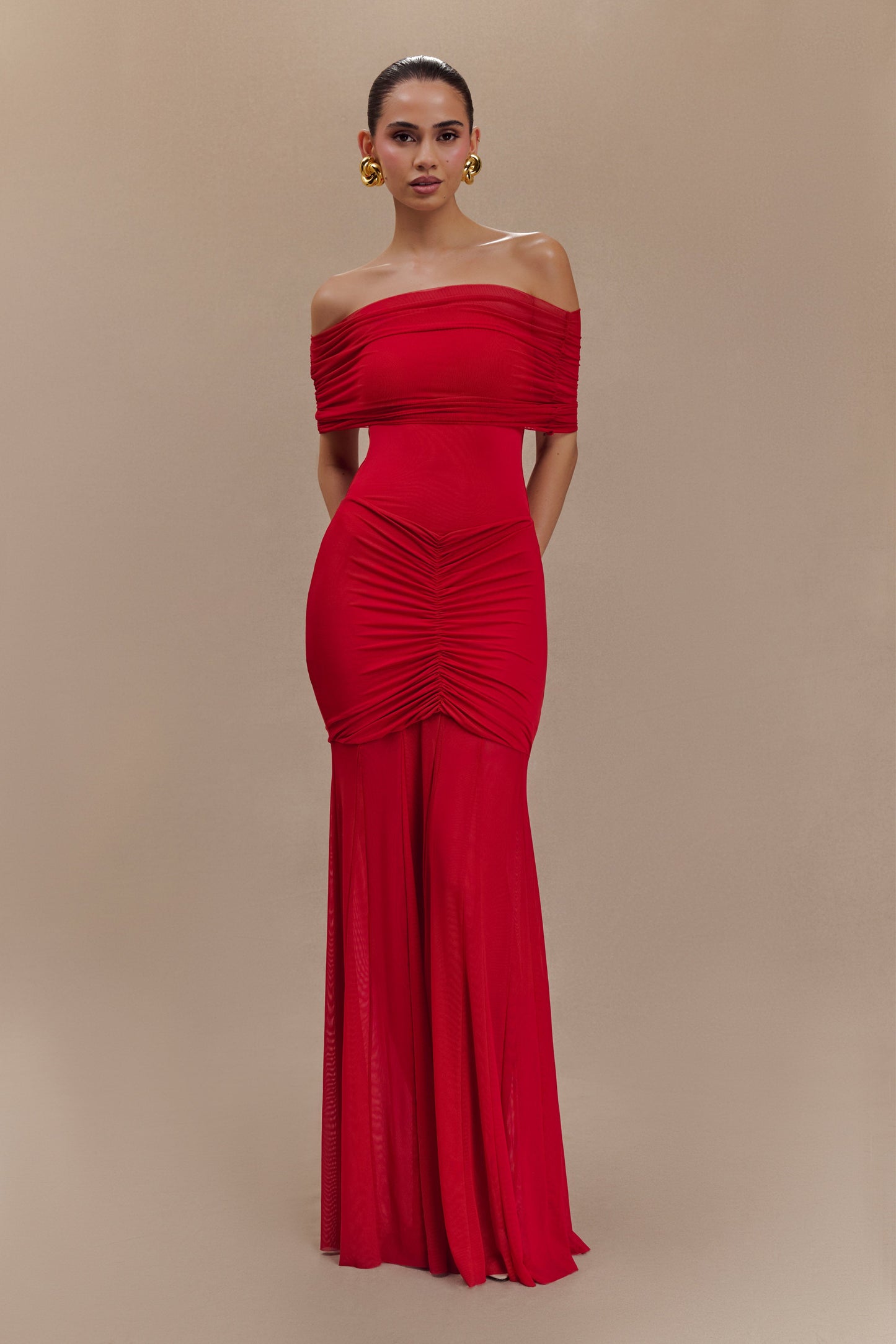 Robe Maxi Décolletée et à Emmanchures Découvrant les Épaulettes en Maille et Jersey - Rubis