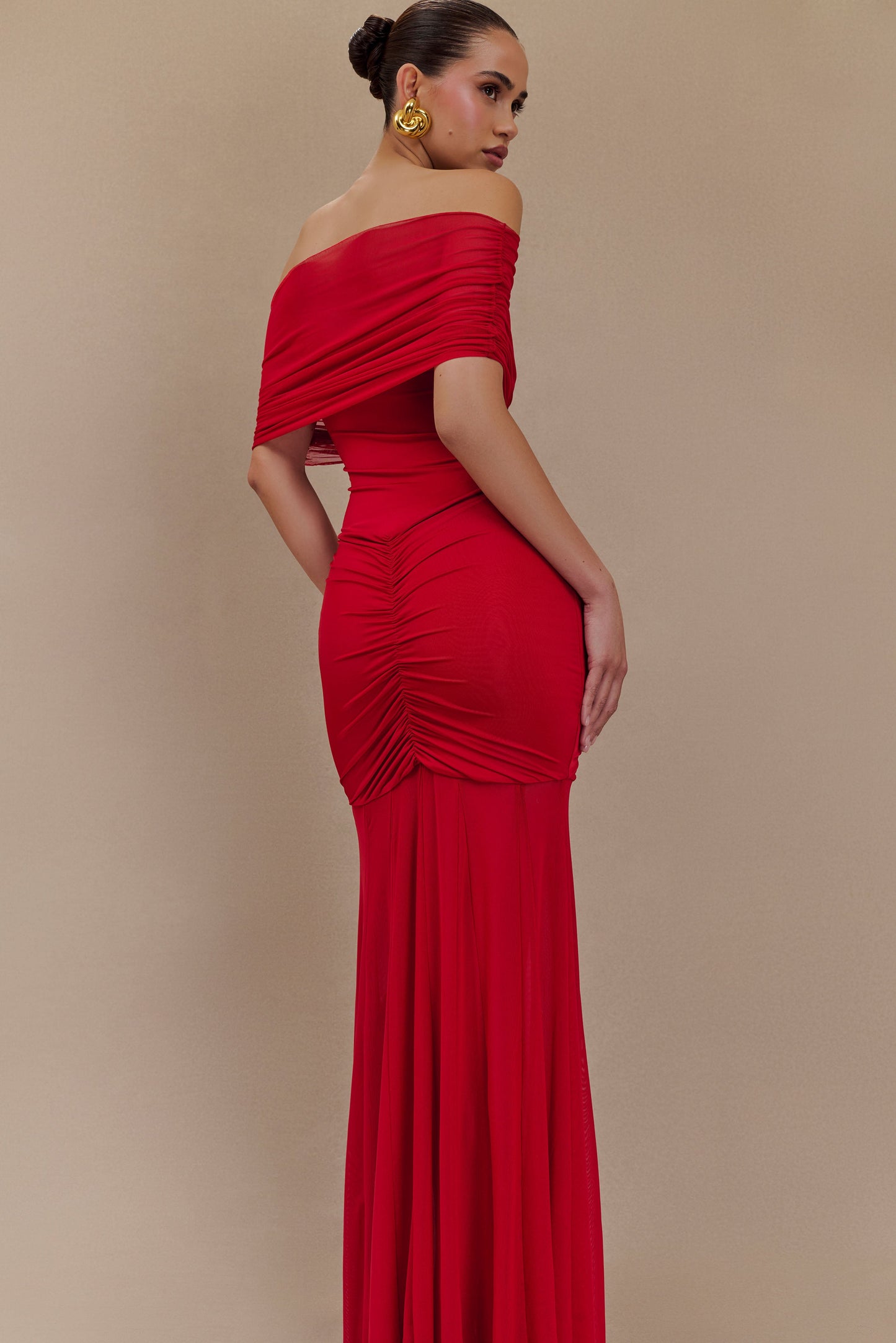 Robe Maxi Décolletée et à Emmanchures Découvrant les Épaulettes en Maille et Jersey - Rubis