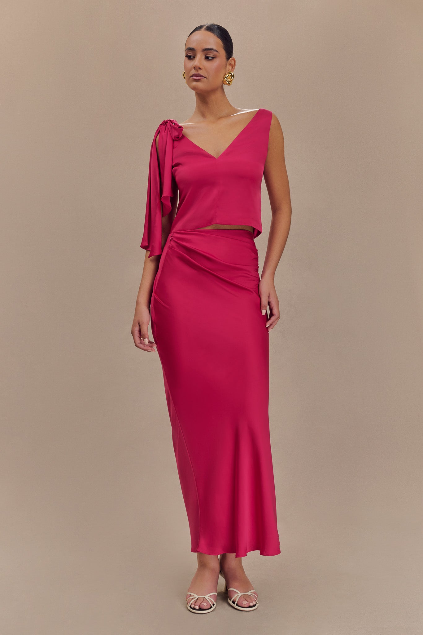 Jupe Maxi Asymétrique en Satin Nicola - Cerise Rose
