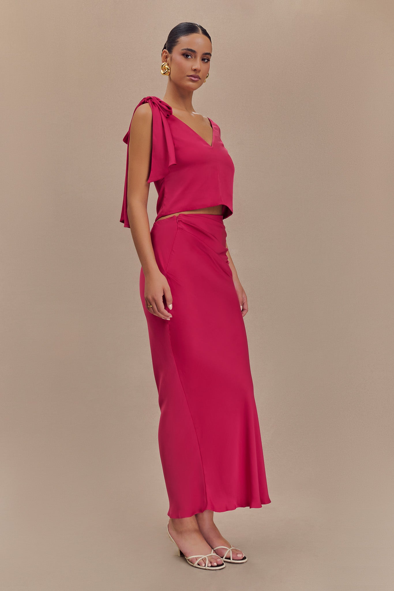 Jupe Maxi Asymétrique en Satin Nicola - Cerise Rose