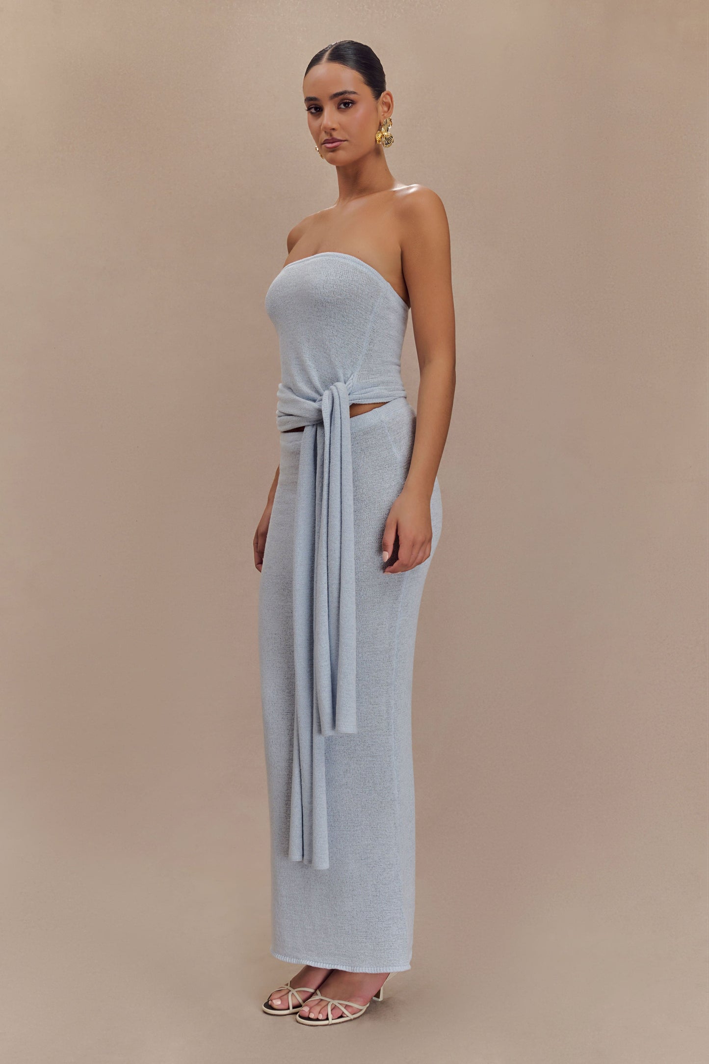 Top en tricot à nouer sans bretelles Phoebe - Bleu glace
