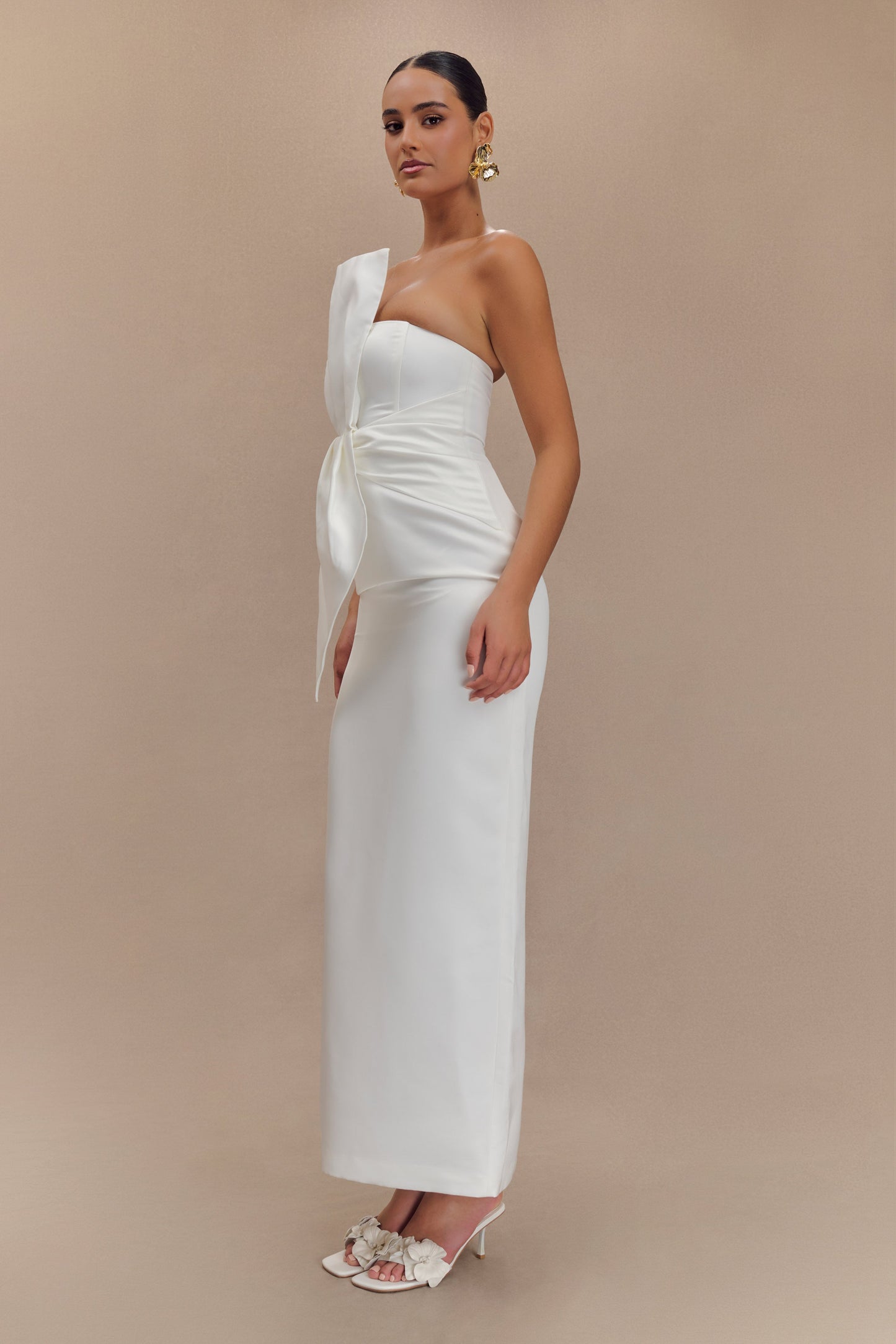 Robe Maxi en Satin Structuré Sans Bretelles Cyrill - Blanc