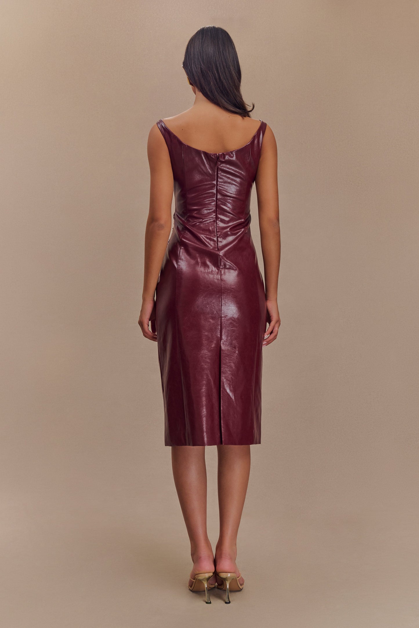 Robe Sonia en simili cuir, longueur midi - Rouge cerise