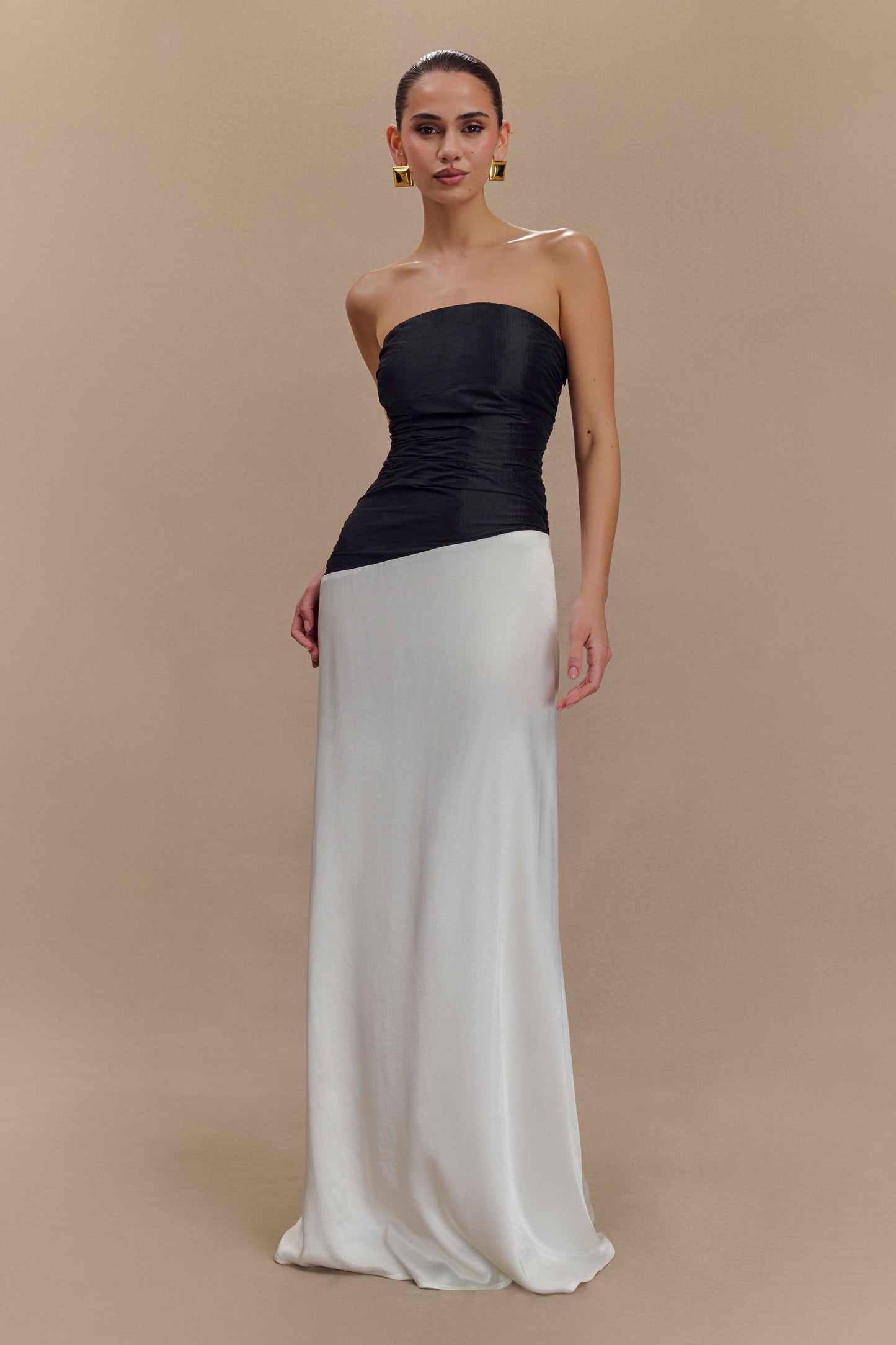 Serena Robe Maxi en Taffetas Sans Bretelles - Blanc/Noir