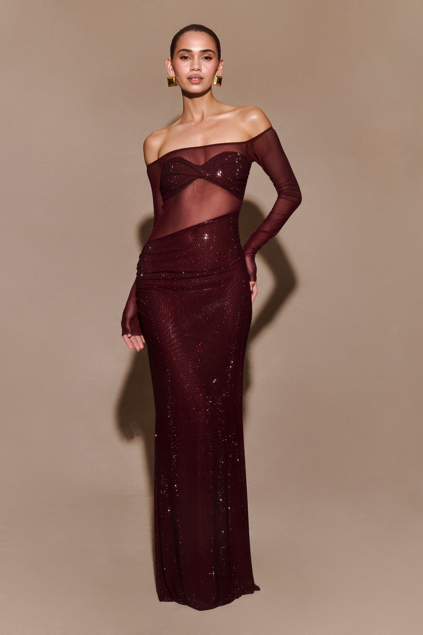 Robe Maxi à épaules dénudées Nash Diamante - Brun-rouge