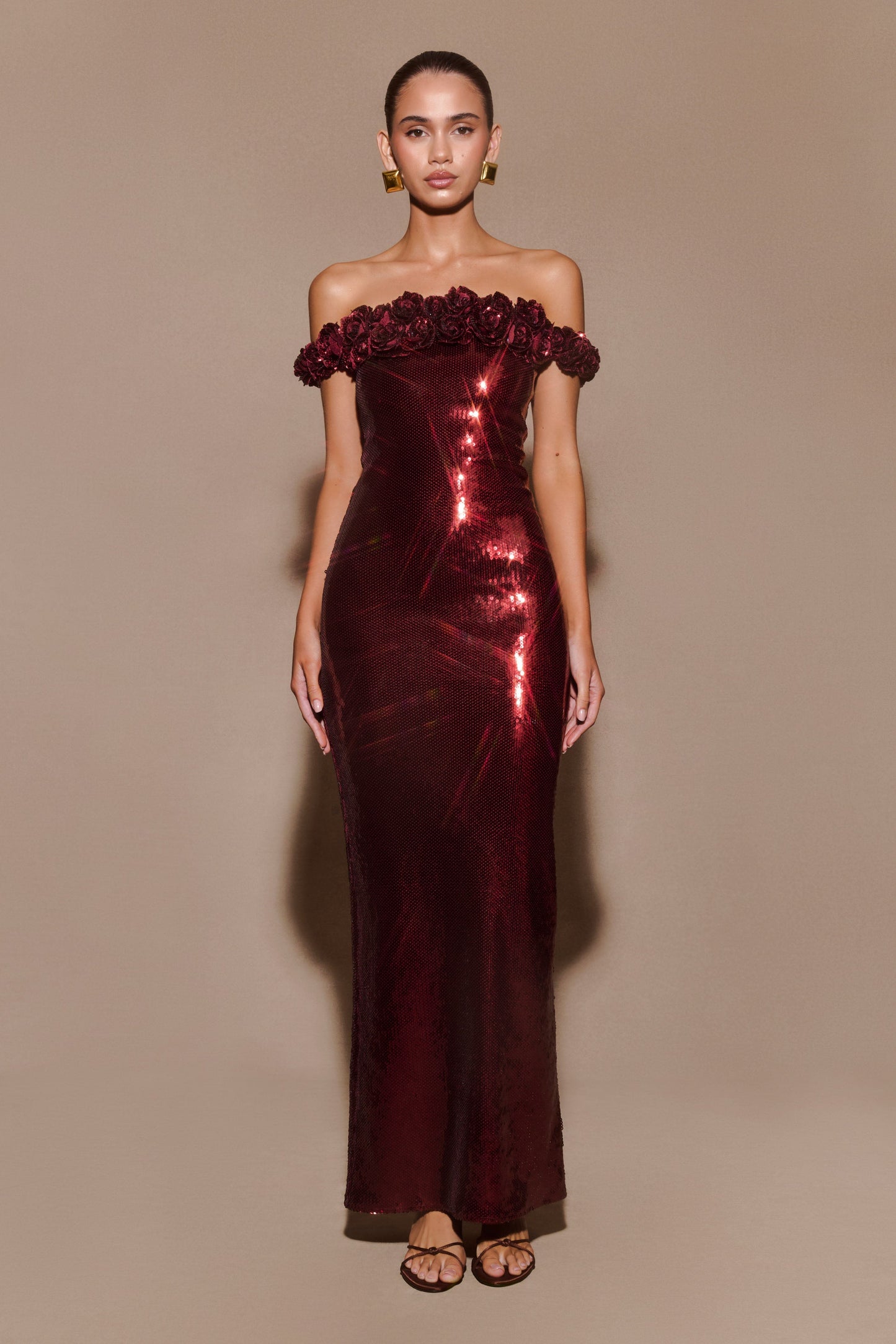 Robe Maxi Carrie en Rose avec Paillettes - Brun-Rouge