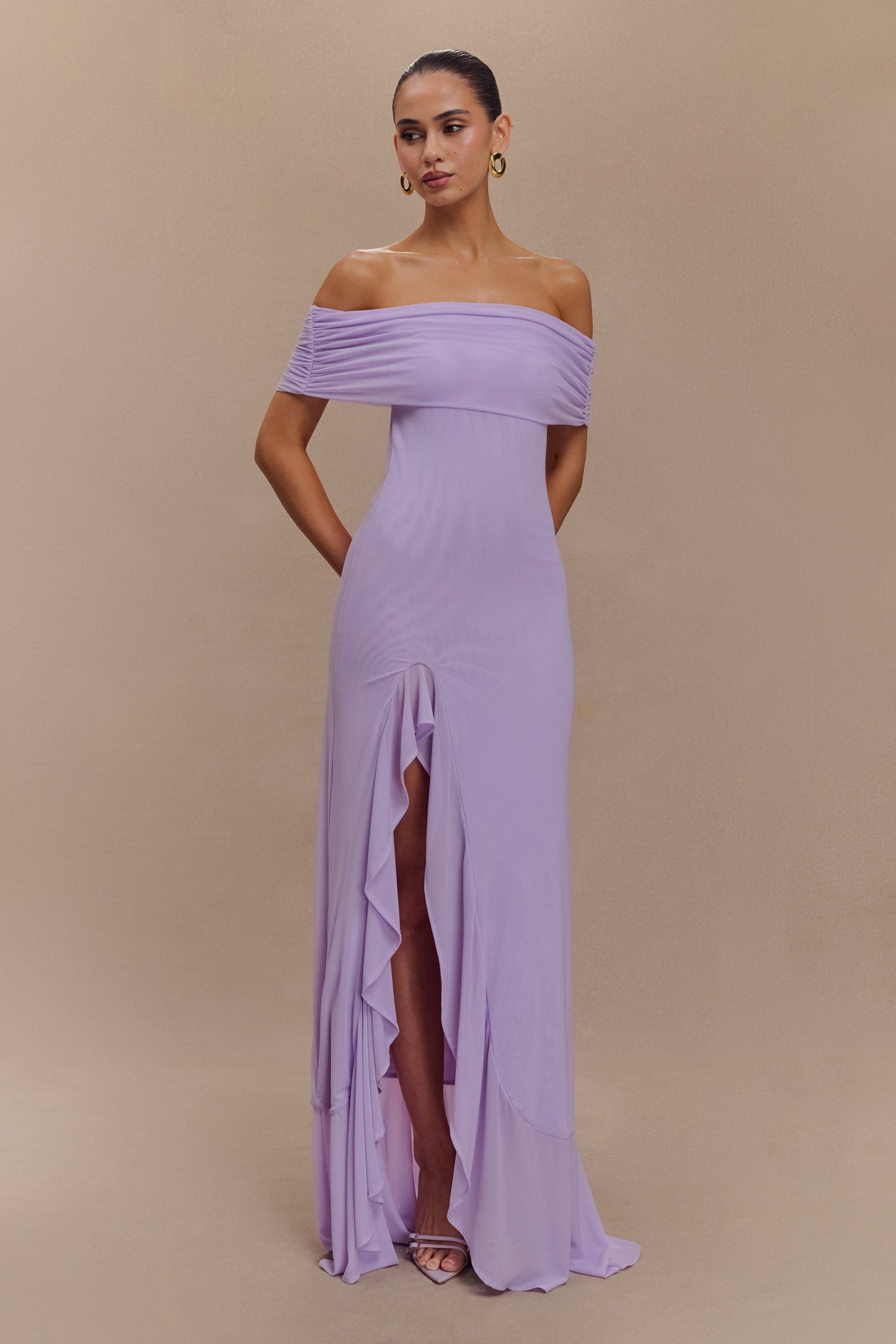 Robe Maxi en Maille Audrey à Manches Décolletées - Lilas