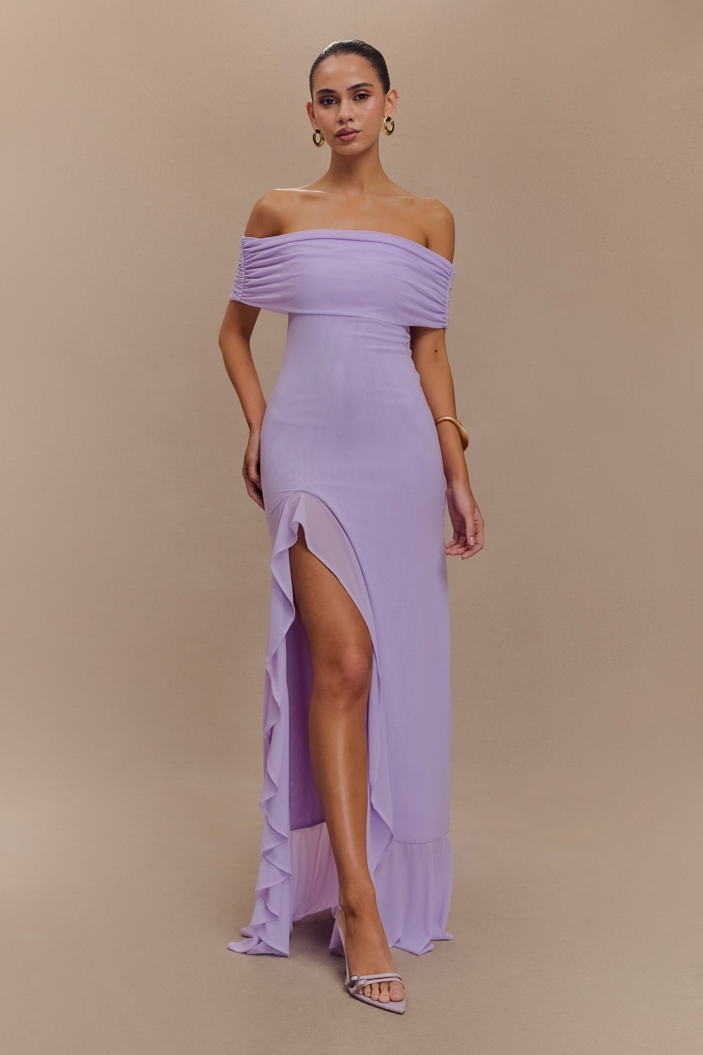Robe Maxi en Maille Audrey à Manches Décolletées - Lilas