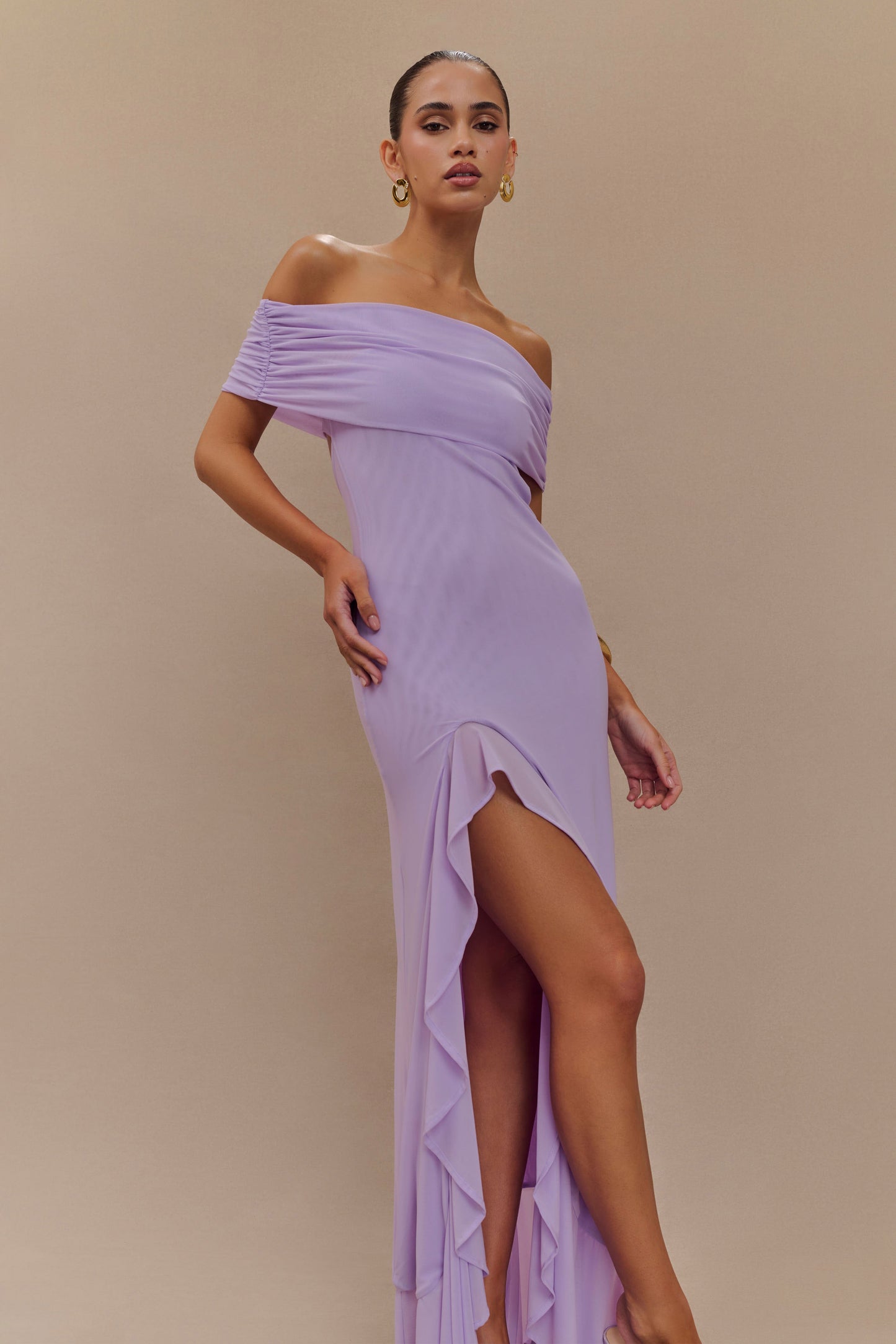 Robe Maxi en Maille Audrey à Manches Décolletées - Lilas
