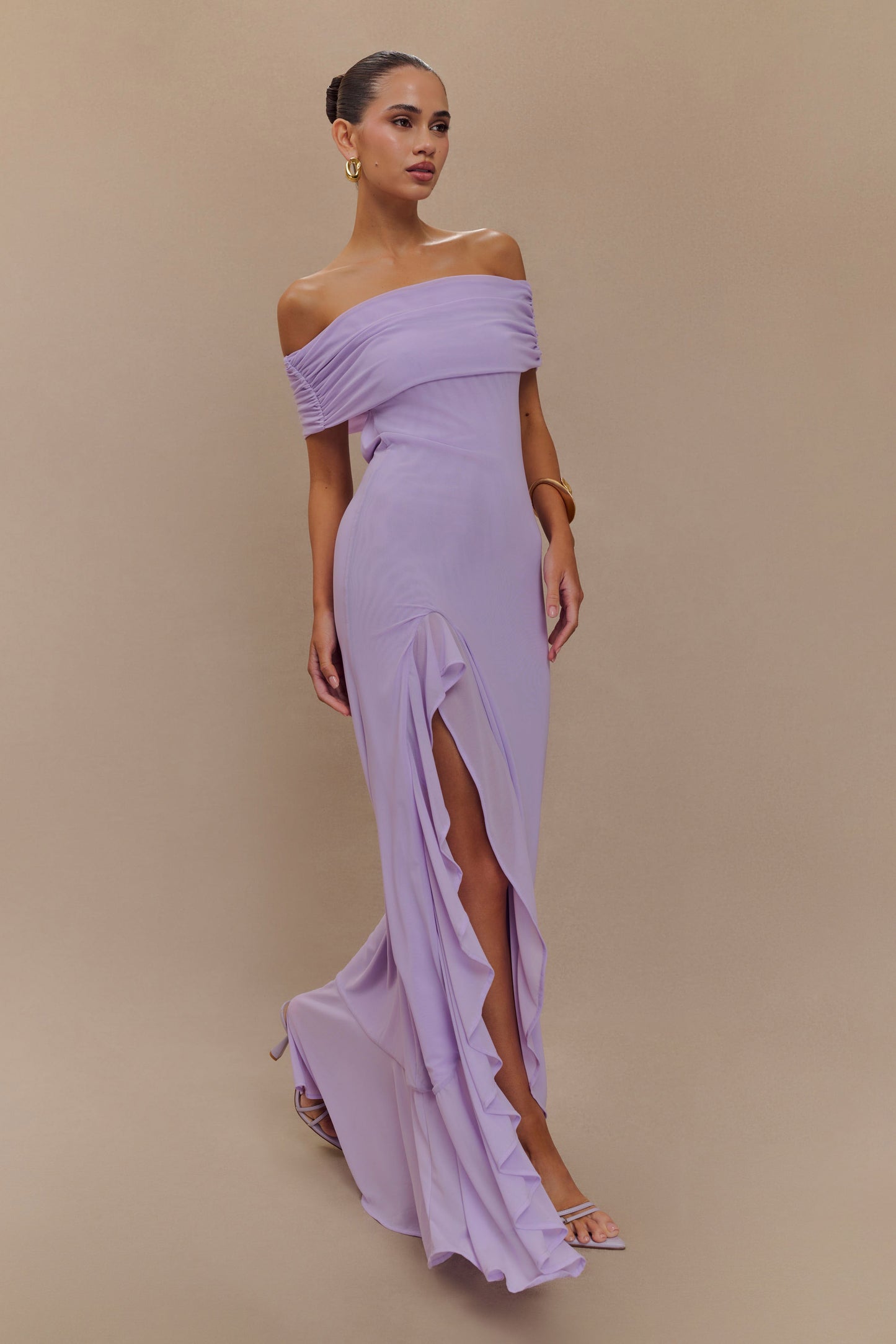 Robe Maxi en Maille Audrey à Manches Décolletées - Lilas
