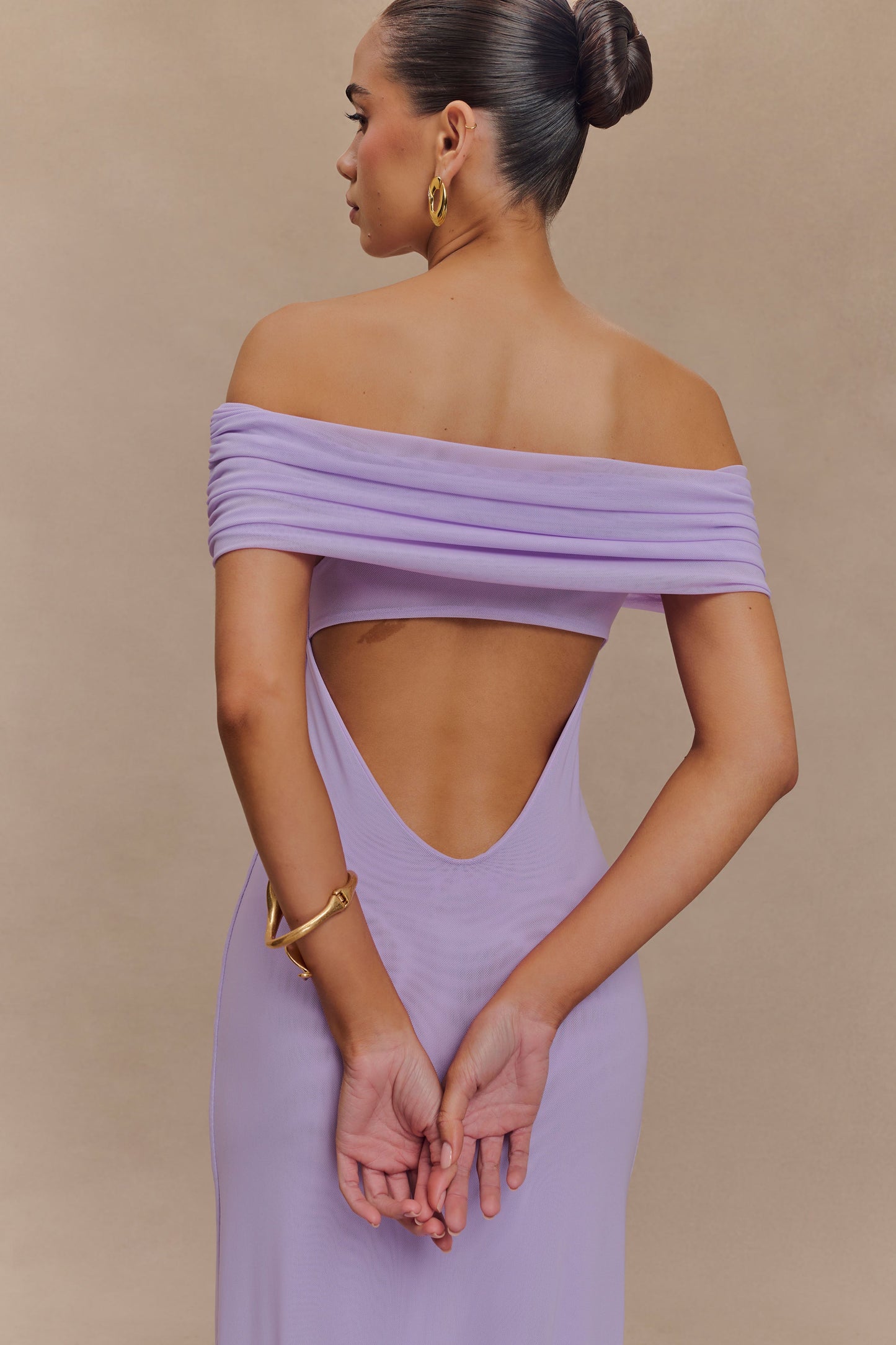 Robe Maxi en Maille Audrey à Manches Décolletées - Lilas