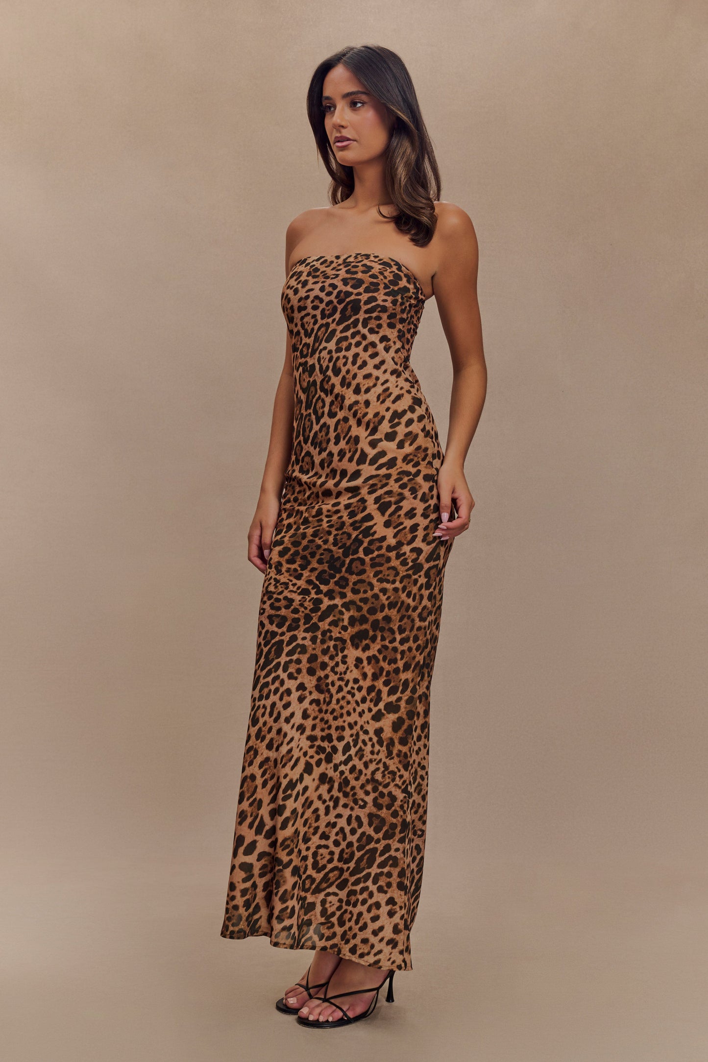 Breanna Robe Maxi en Chiffon sans Bretelles - Imprimé Léopard