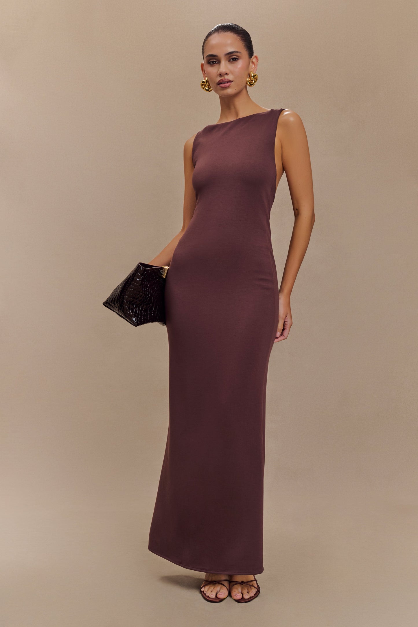 Robe midi asymétrique en jersey scuba Catelyn - Brun cacao