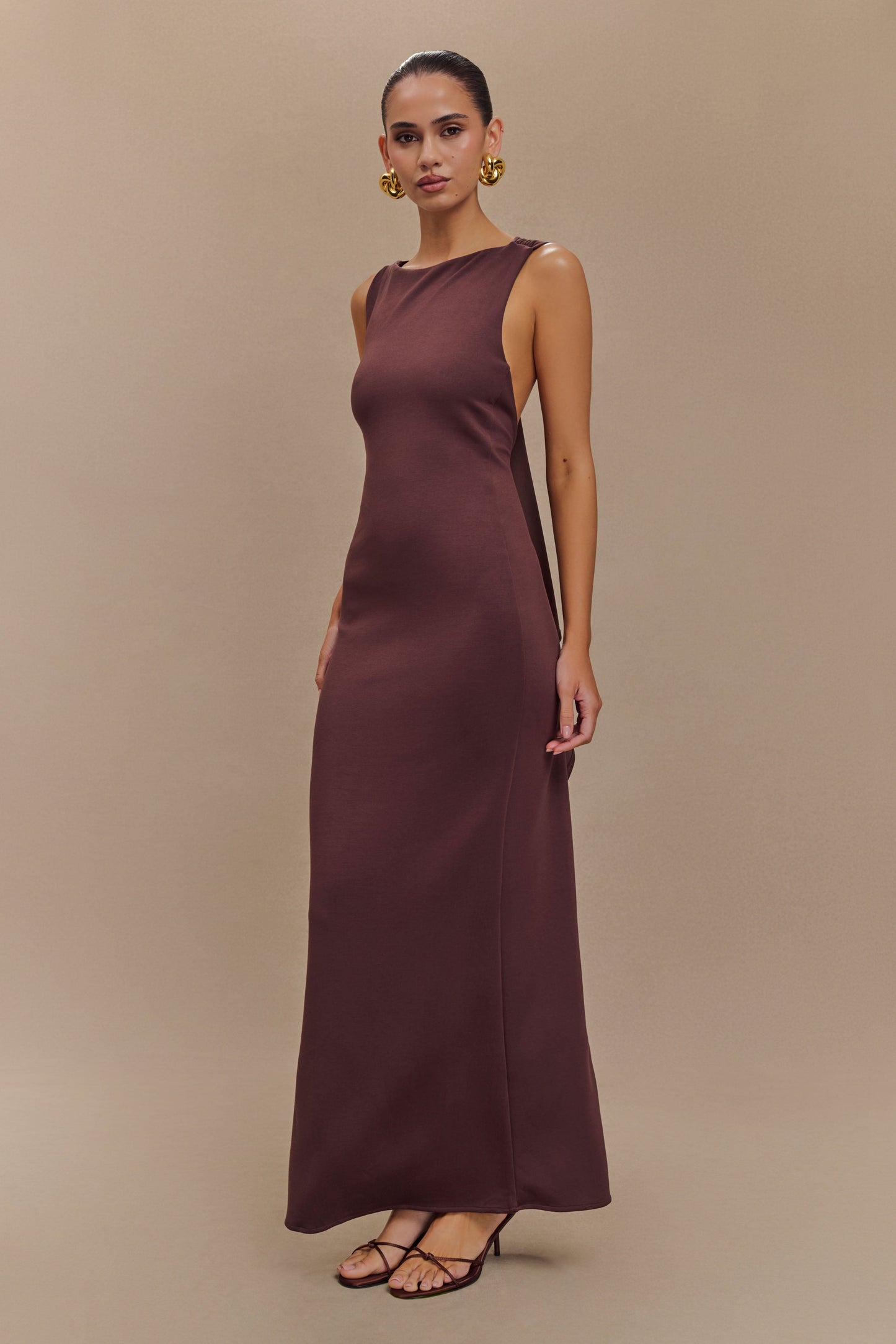Robe midi asymétrique en jersey scuba Catelyn - Brun cacao