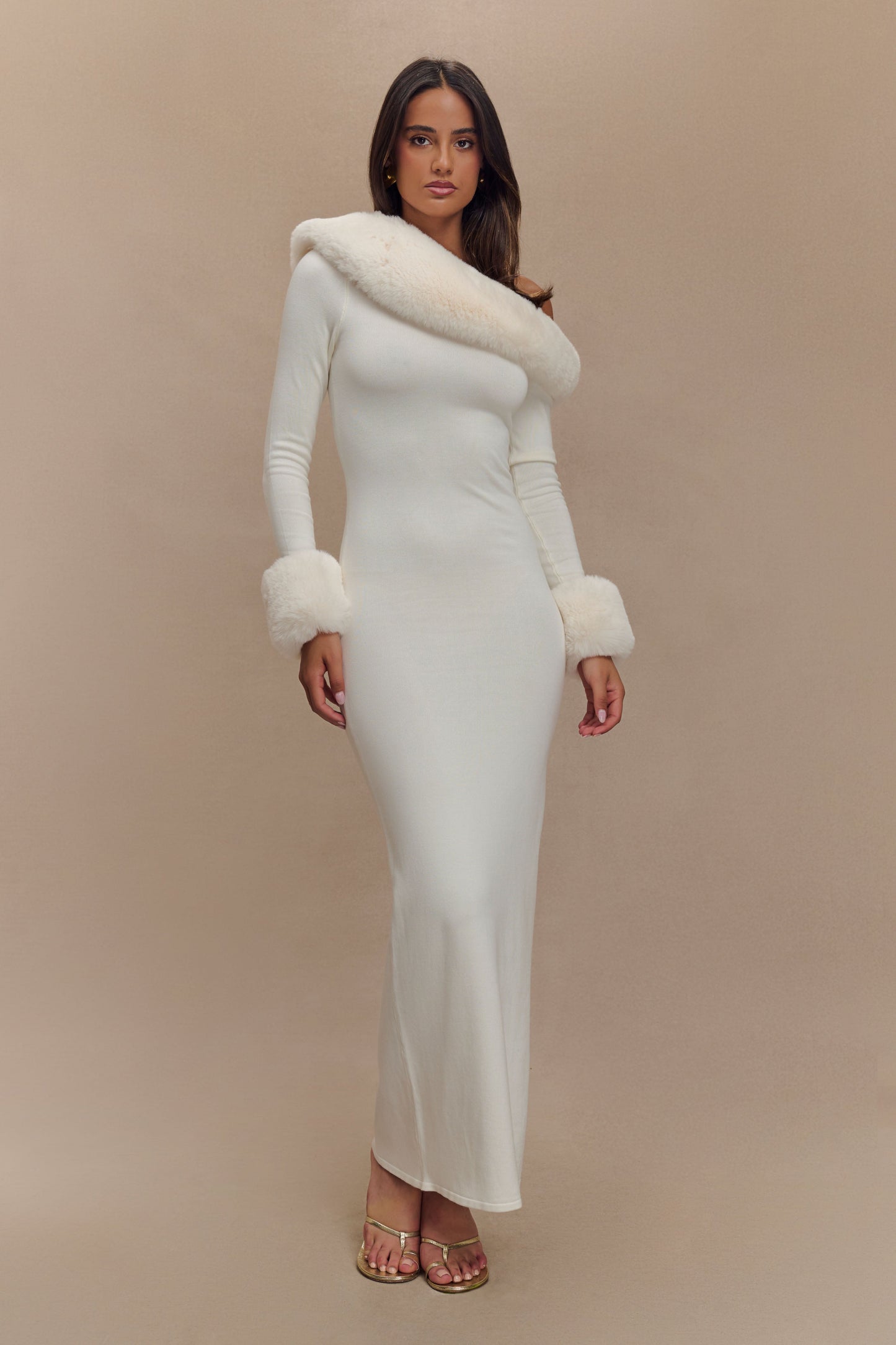 Robe Maxi en Tricot Imprimé Fausse Fourrure Karleigh - Ivoire
