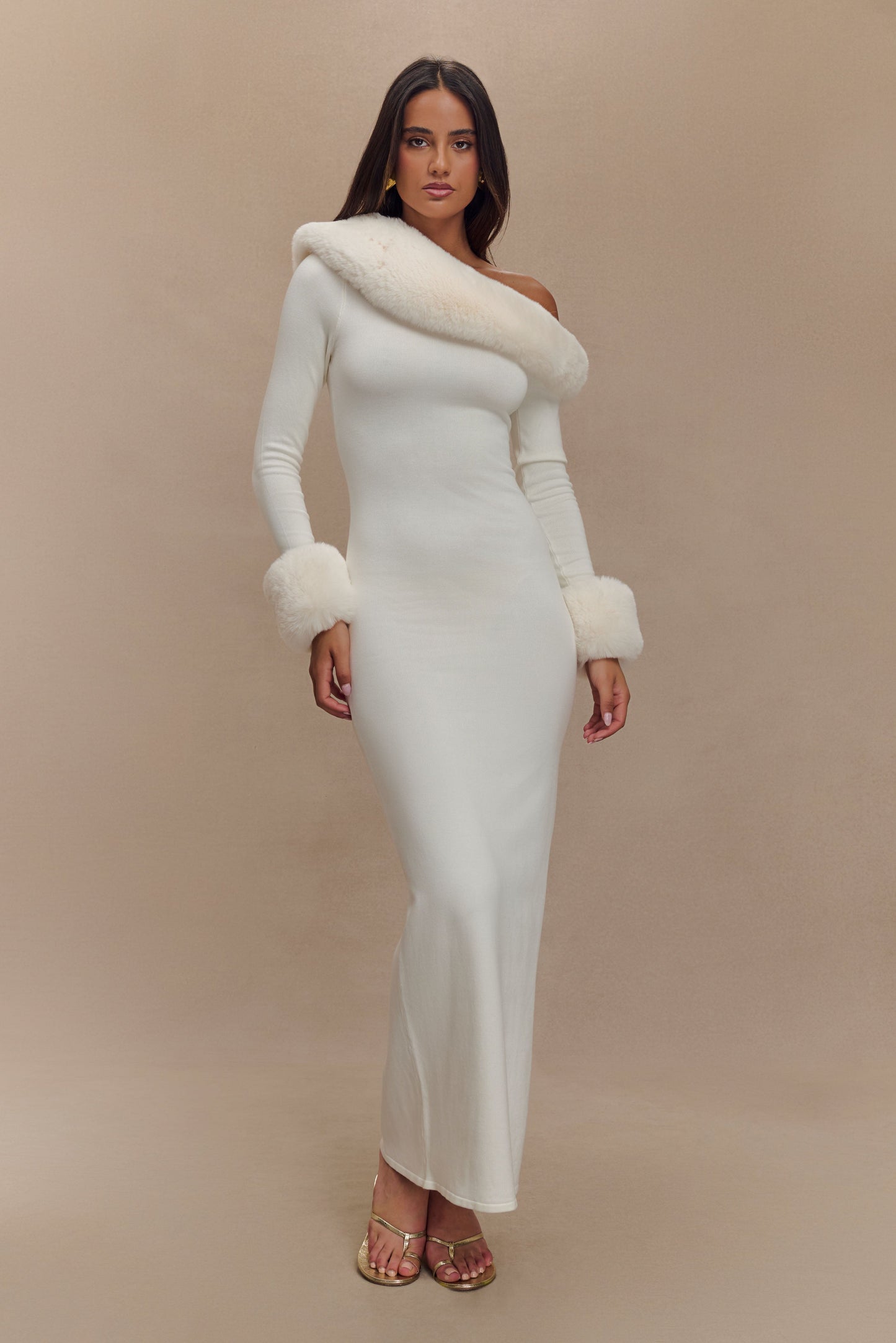 Robe Maxi en Tricot Imprimé Fausse Fourrure Karleigh - Ivoire