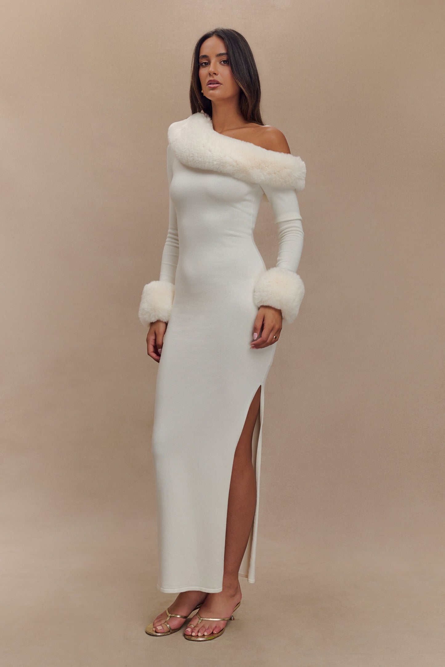 Robe Maxi en Tricot Imprimé Fausse Fourrure Karleigh - Ivoire