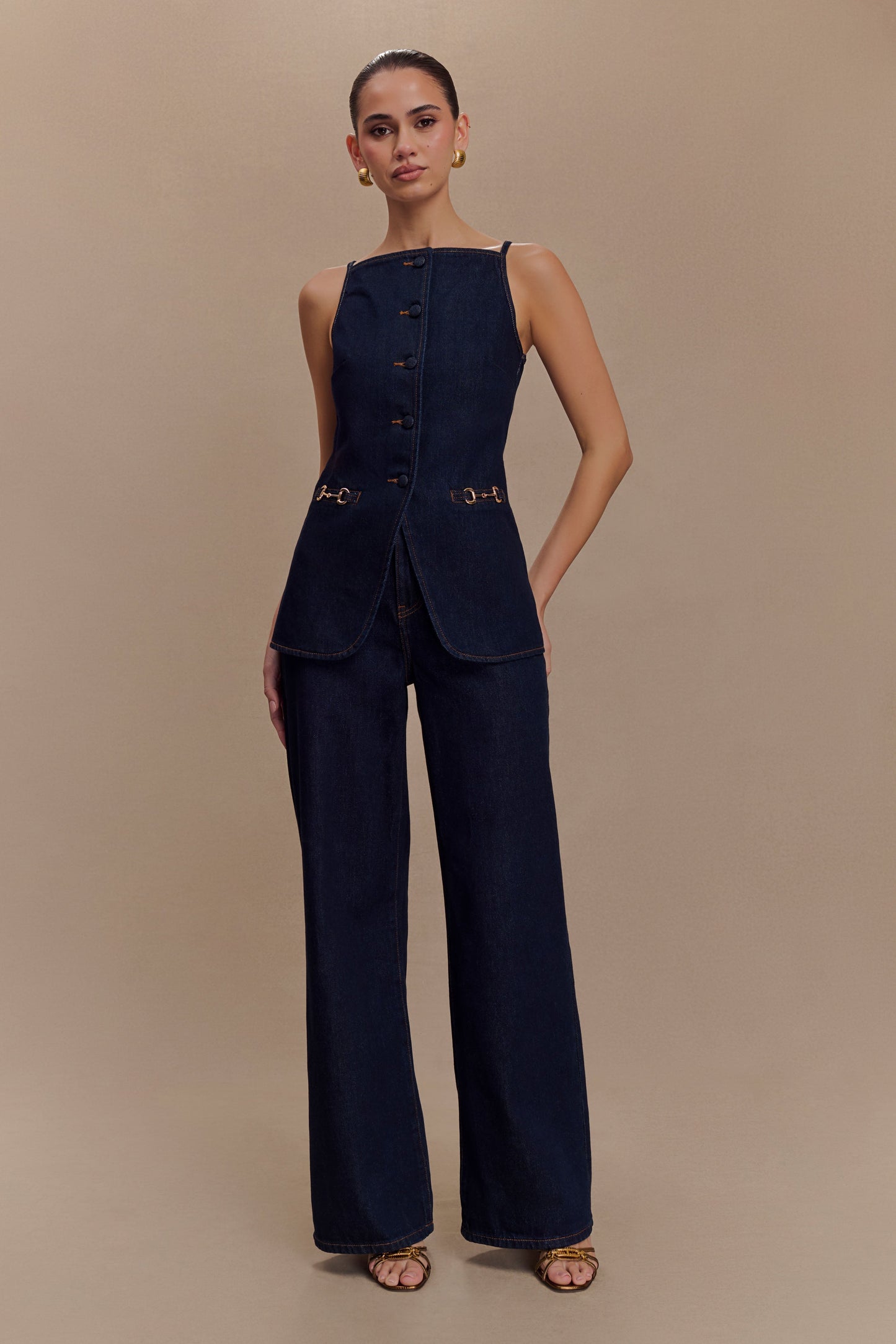 Haut en jean sans manches à boutons Ashton - Bleu indigo