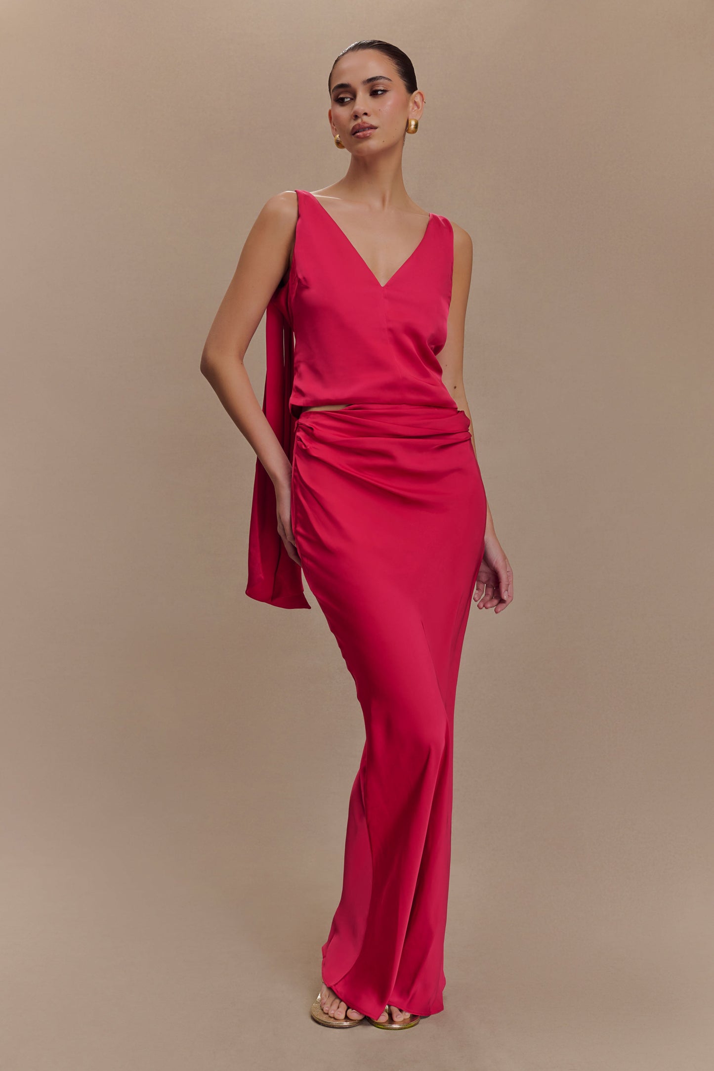 Jupe Maxi Asymétrique en Satin Nicola - Cerise Rose