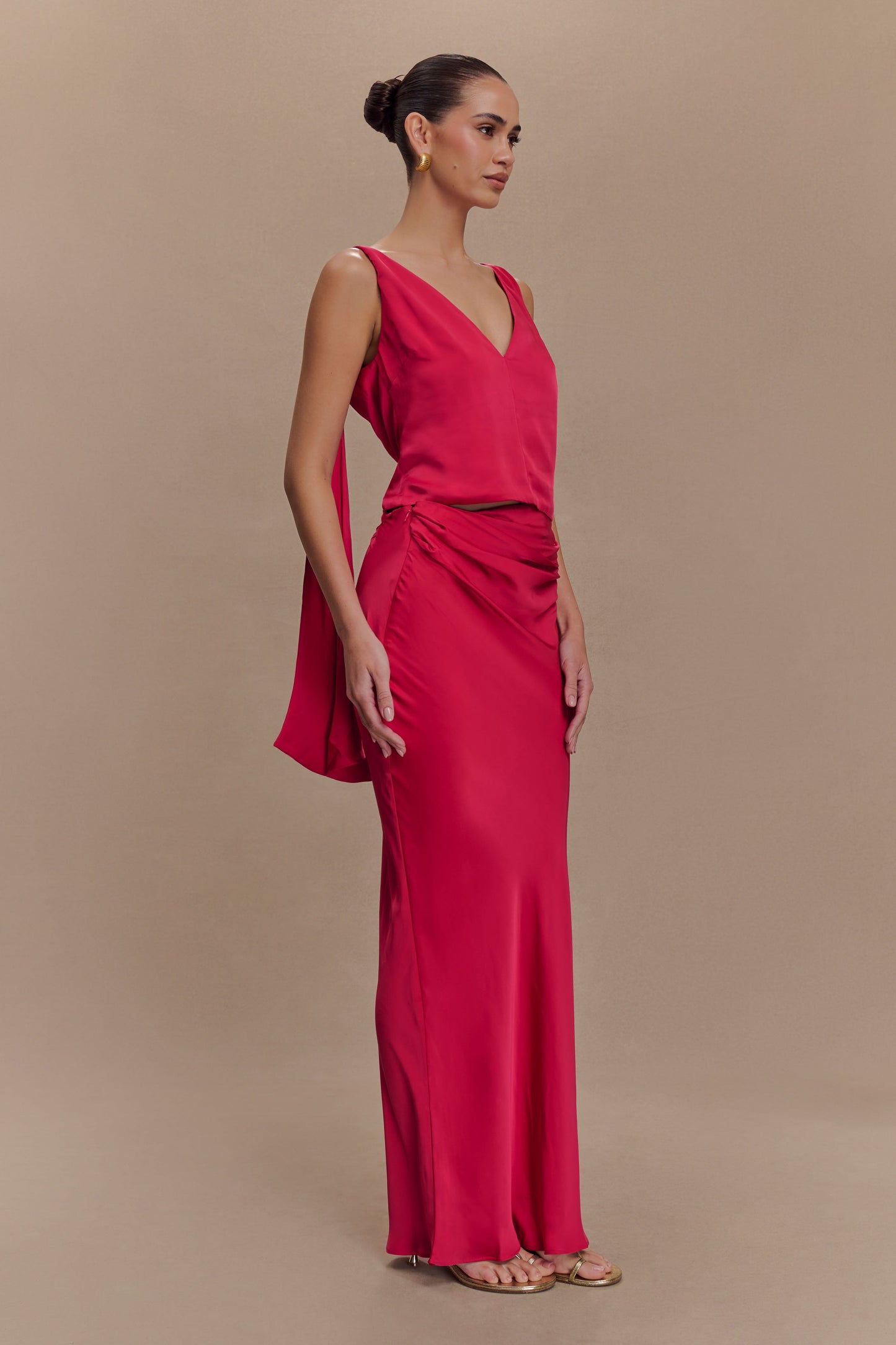 Jupe Maxi Asymétrique en Satin Nicola - Cerise Rose
