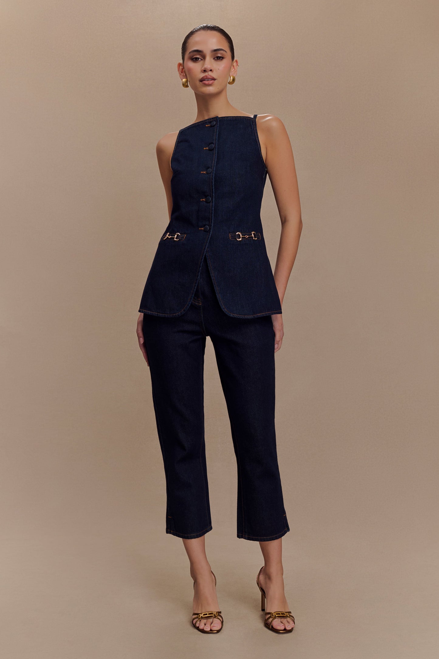 Haut en jean sans manches à boutons Ashton - Bleu indigo