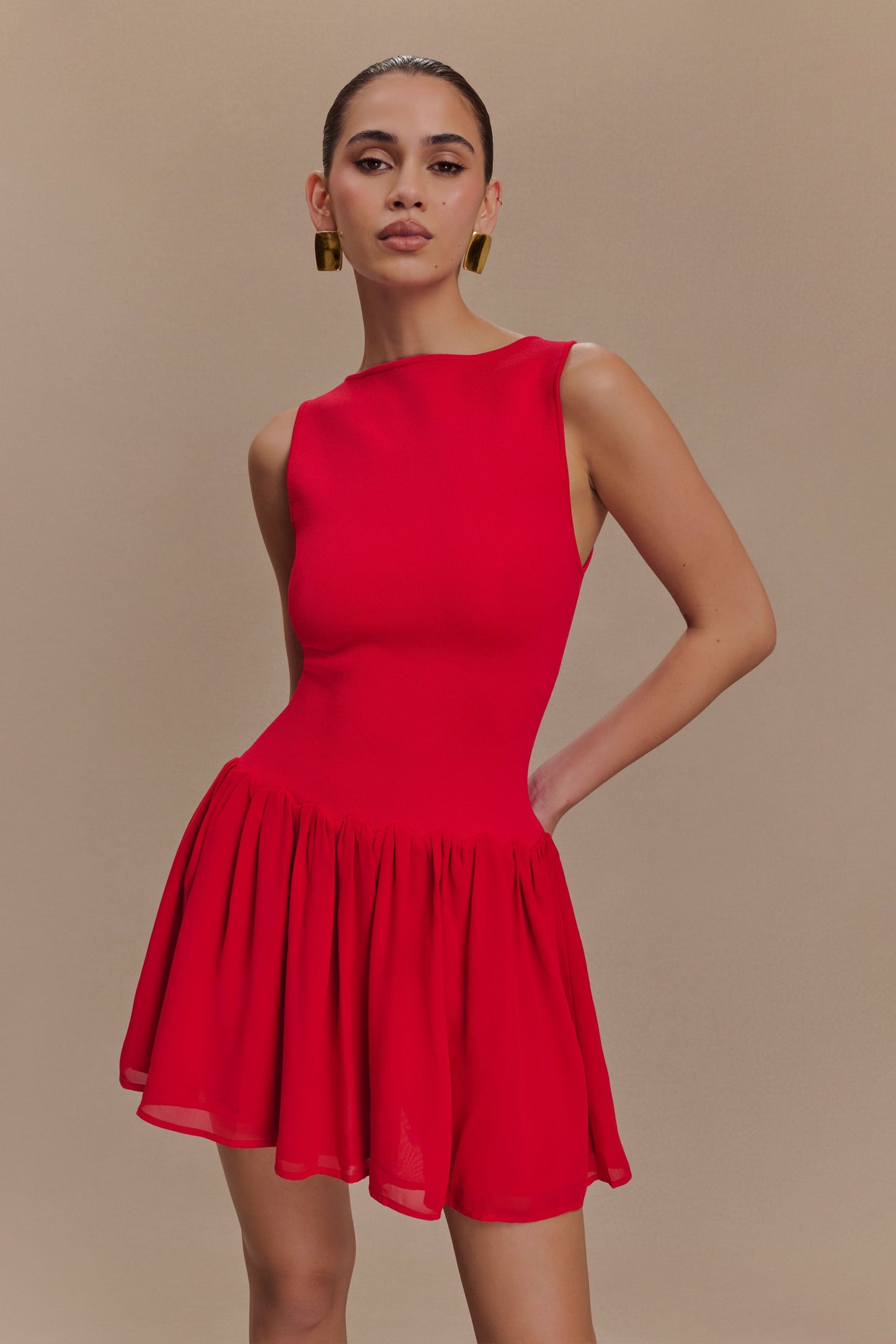 Robe mini en jersey et mousseline de soie Ashleigh - Rouge
