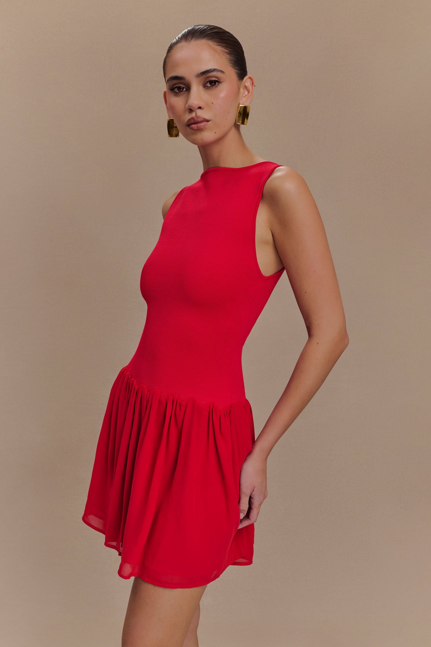 Robe mini en jersey et mousseline de soie Ashleigh - Rouge