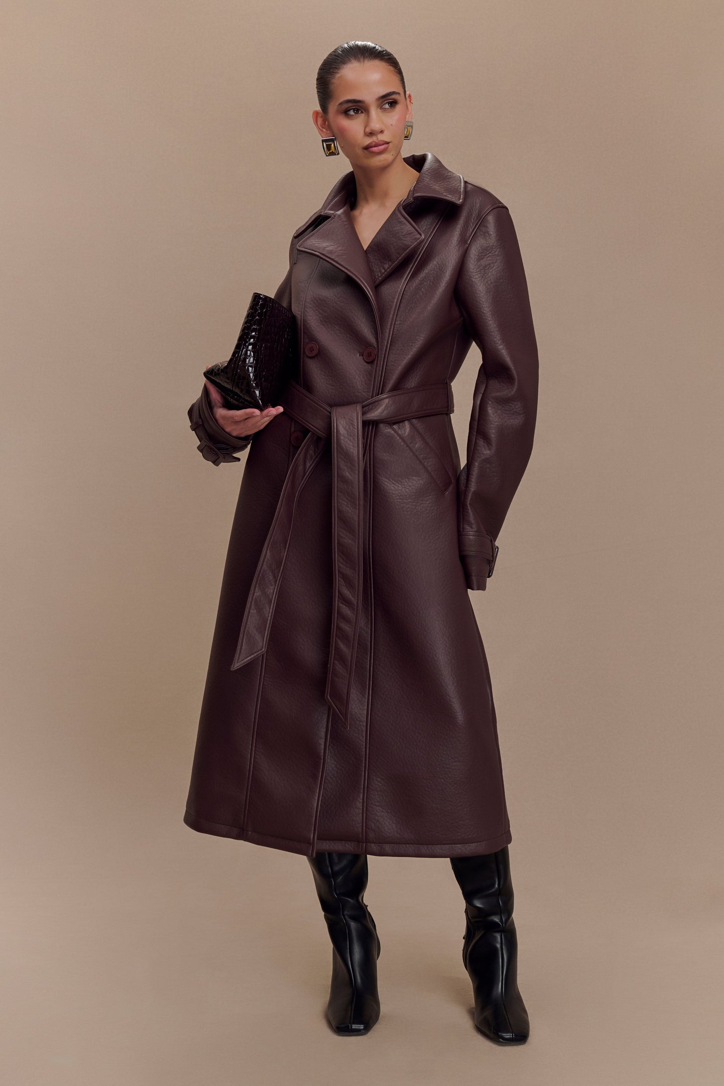 Manteau-trencher en simili cuir Tarah - Brun cacao