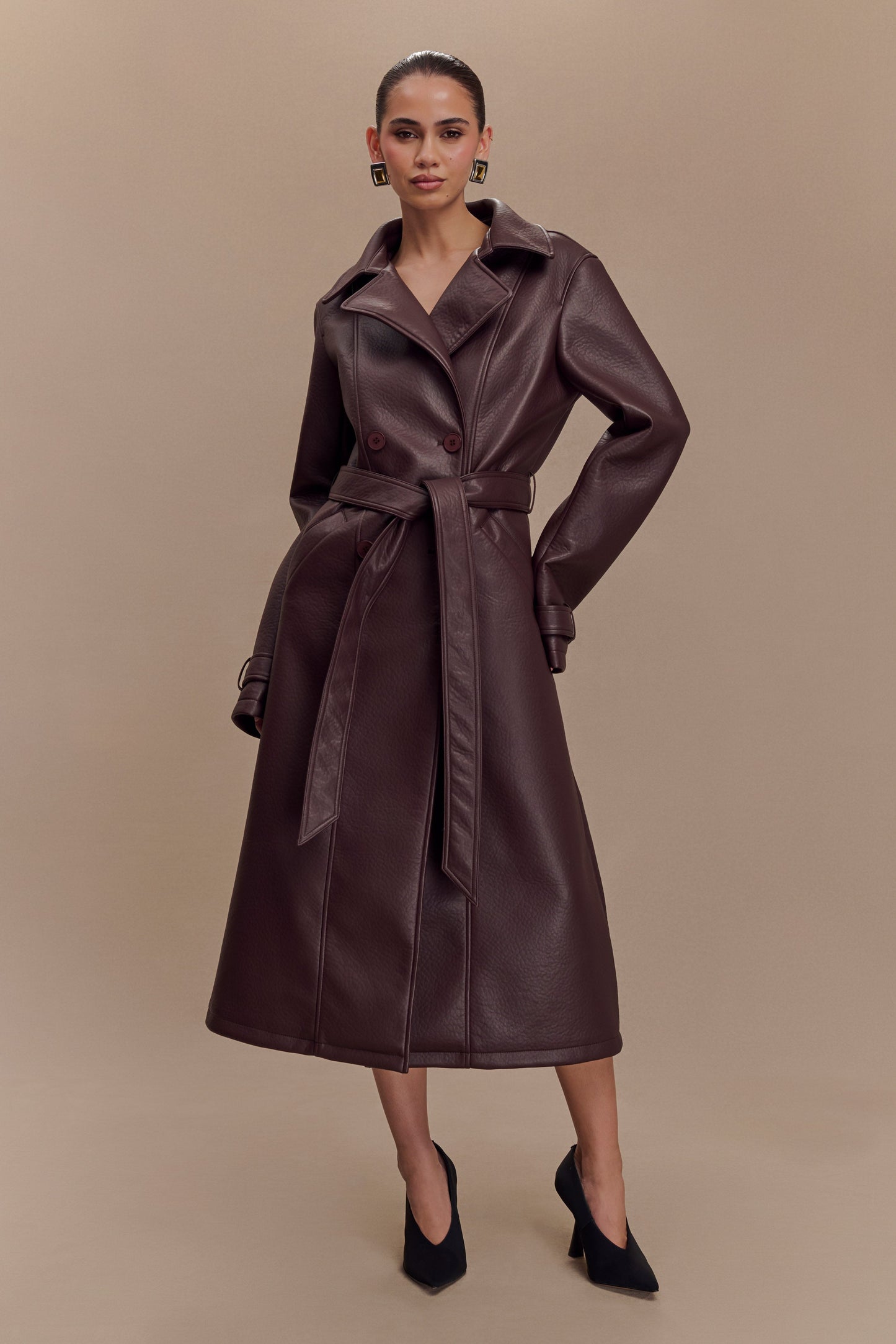 Manteau-trencher en simili cuir Tarah - Brun cacao