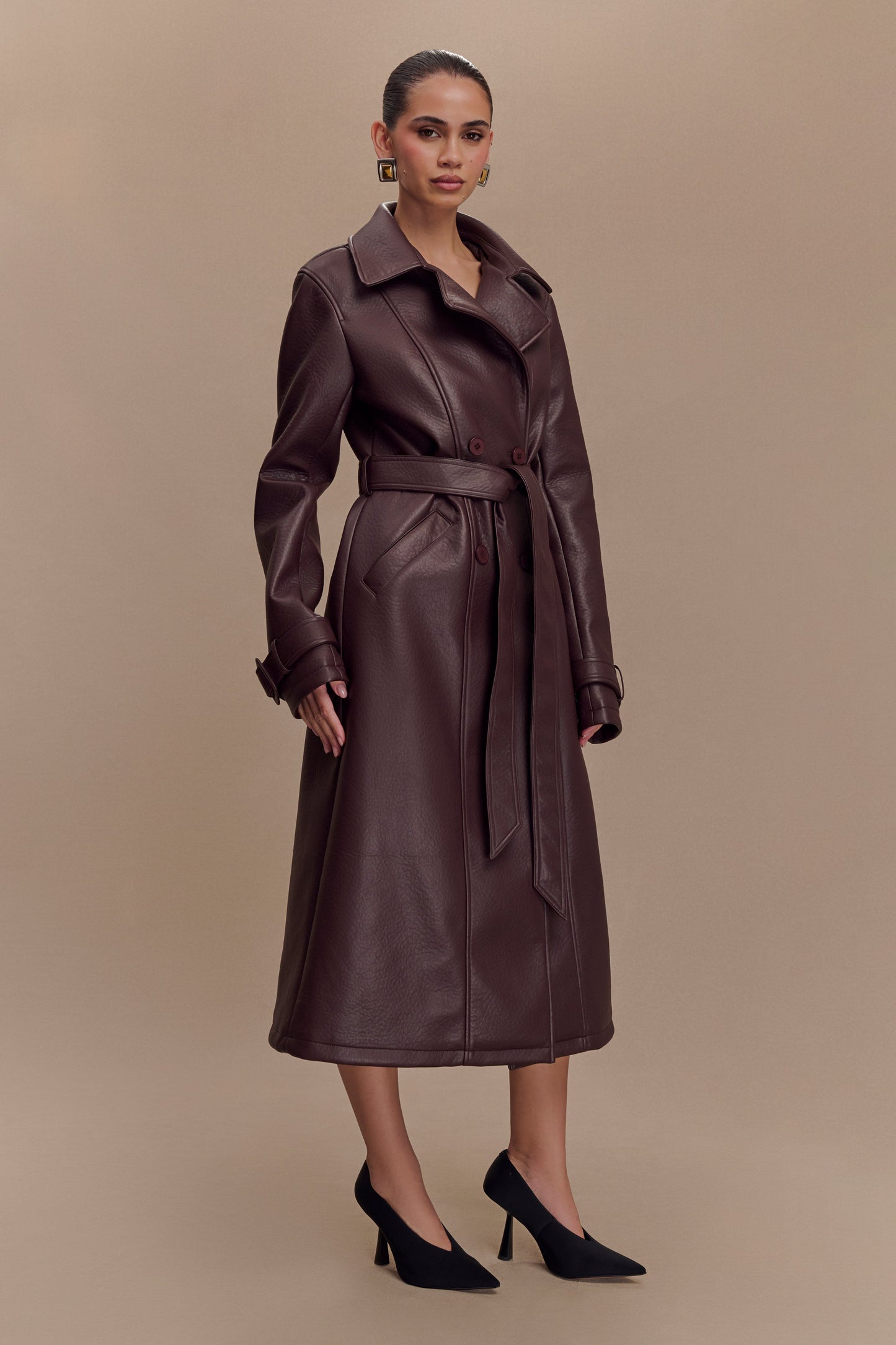 Manteau-trencher en simili cuir Tarah - Brun cacao