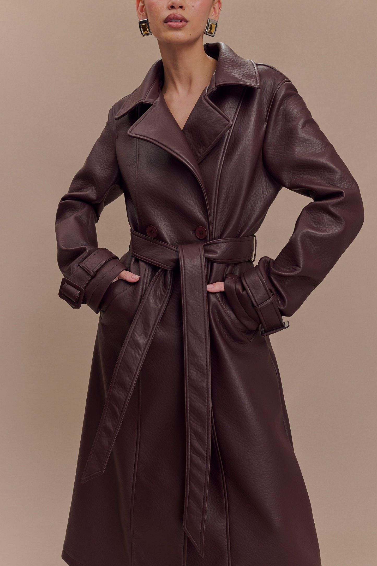 Manteau-trencher en simili cuir Tarah - Brun cacao