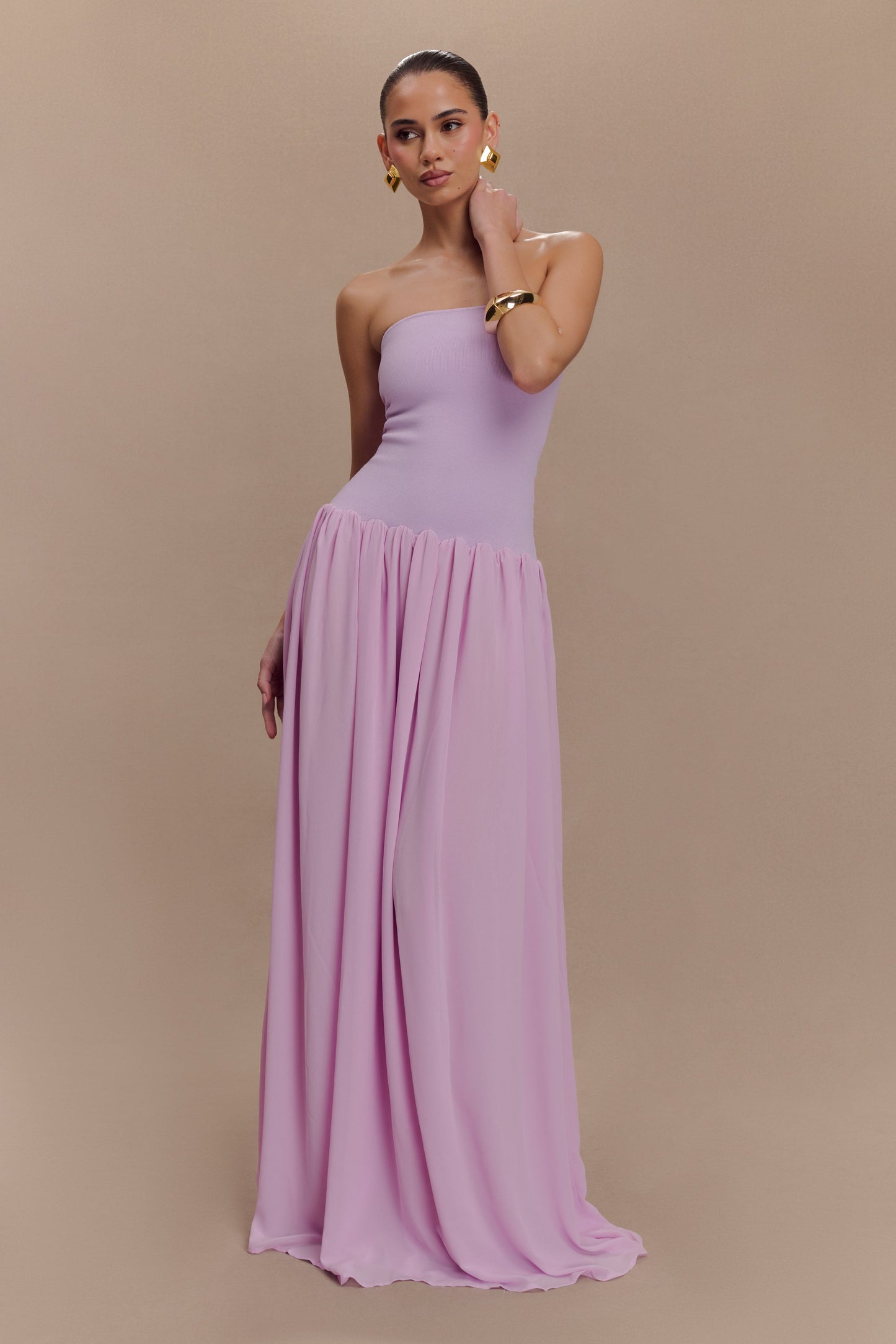 Robe Maxi Lyanna en Tricot et Chiffon sans Bretelles - Lilas