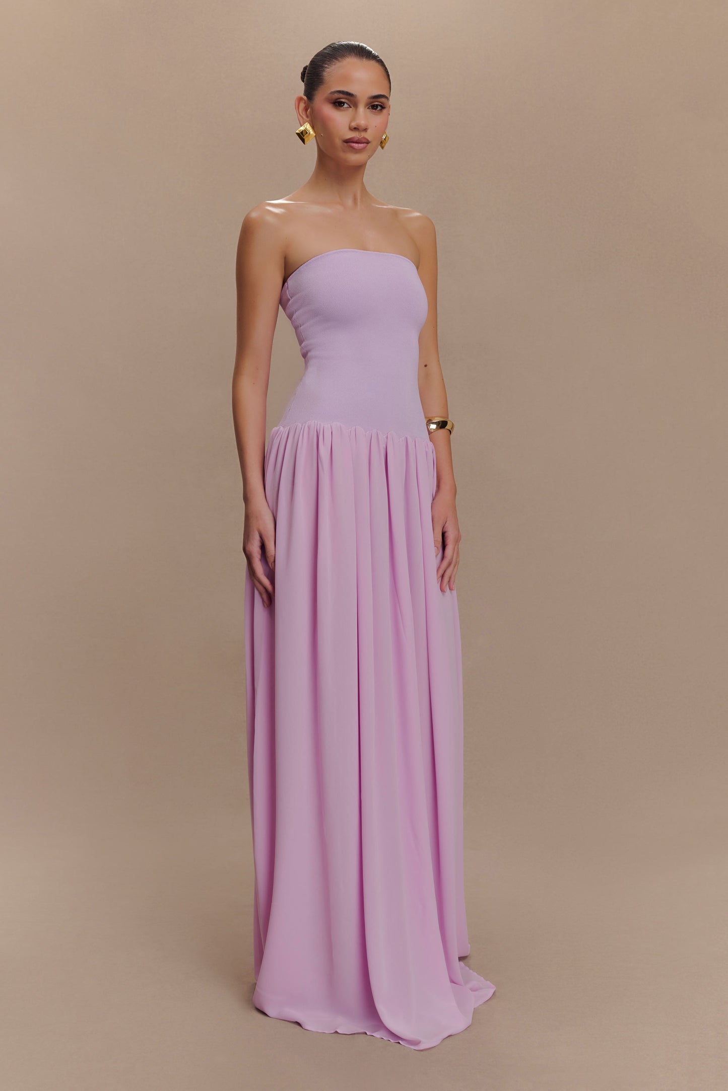 Robe Maxi Lyanna en Tricot et Chiffon sans Bretelles - Lilas