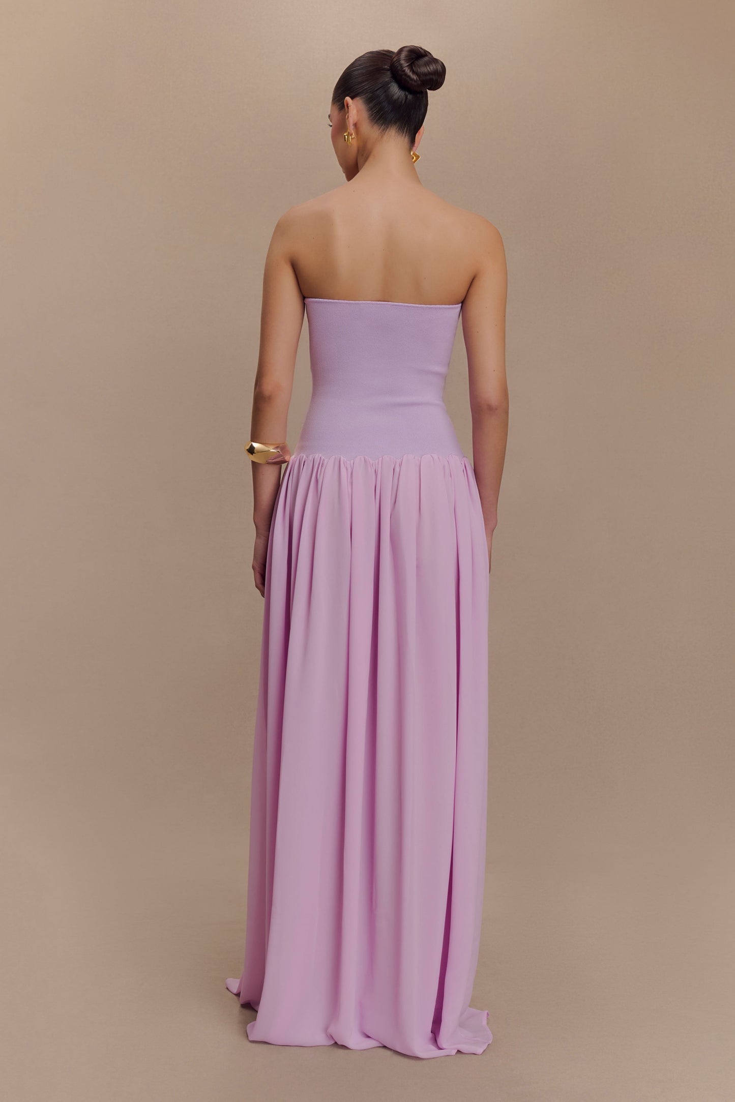 Robe Maxi Lyanna en Tricot et Chiffon sans Bretelles - Lilas