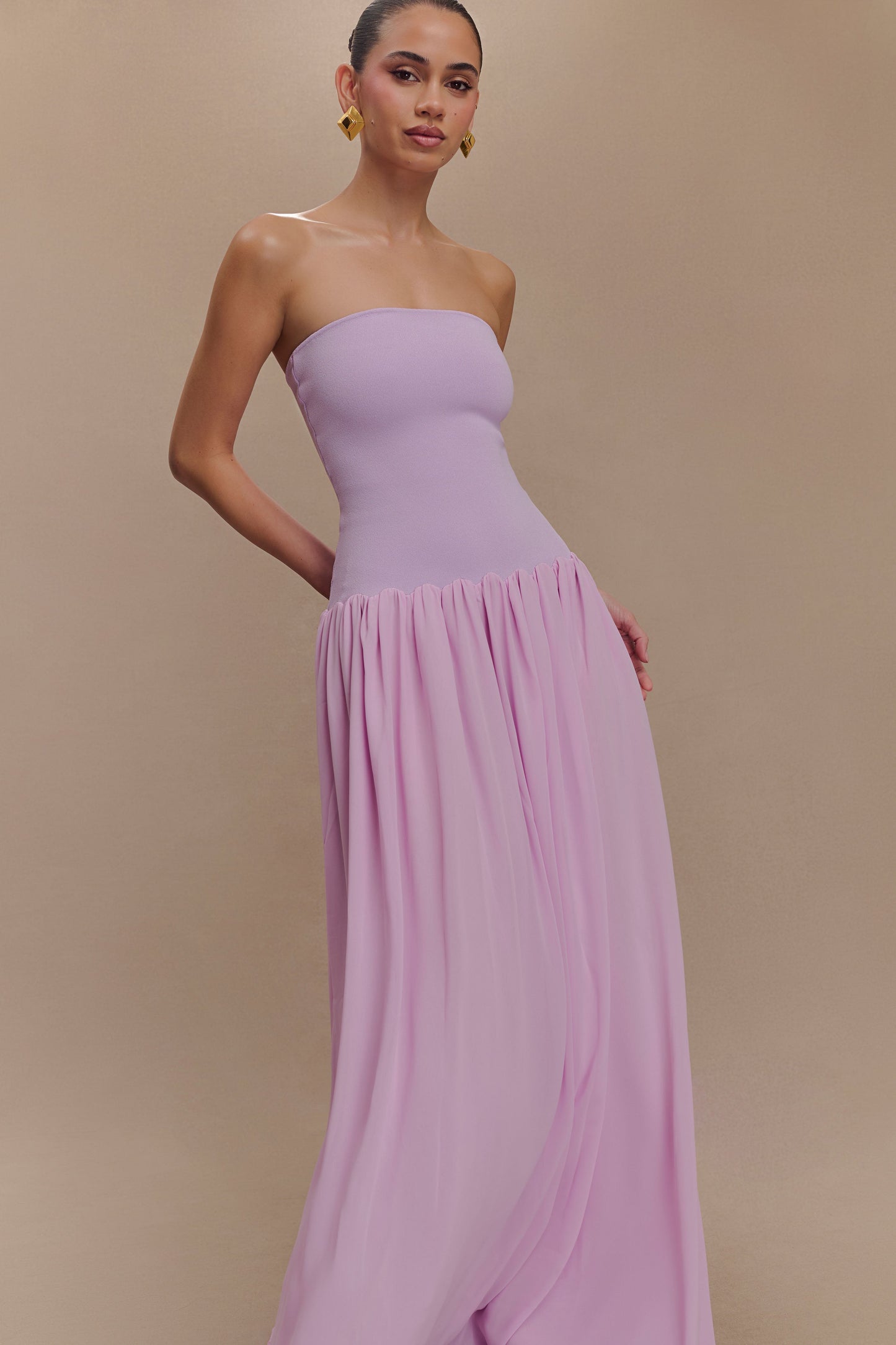 Robe Maxi Lyanna en Tricot et Chiffon sans Bretelles - Lilas