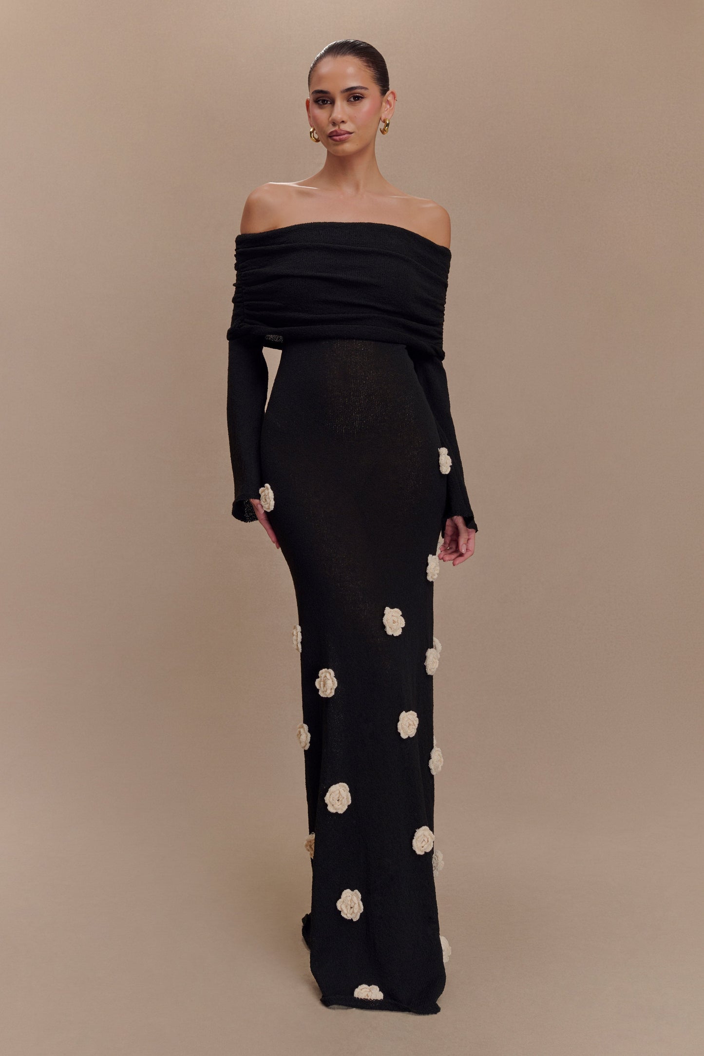 Robe Maxi en Tricot à Manches Décolletées Kiki - Rose - Noir/Blanc