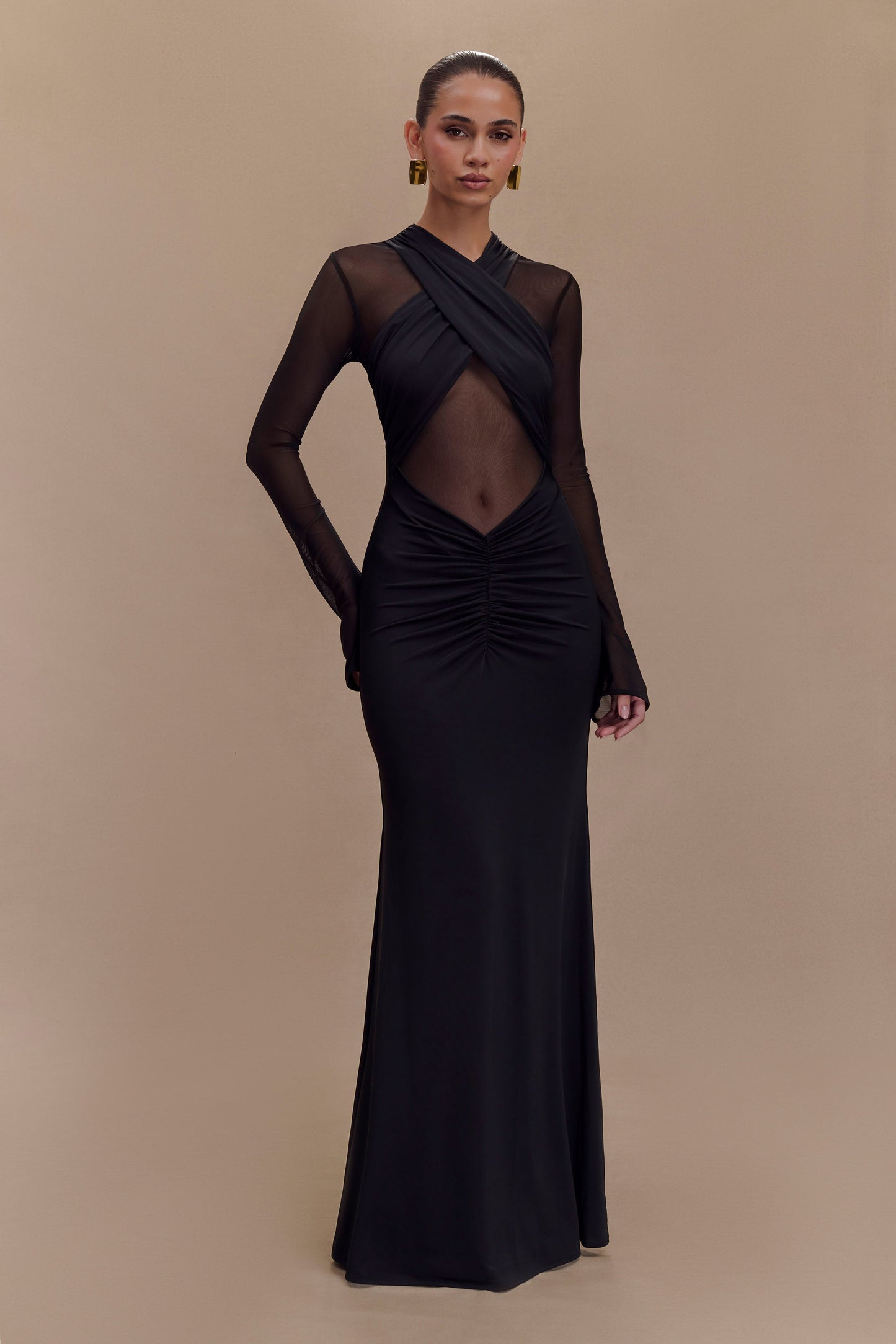 Robe Maxi à Manches Longues en Mousseline et Maille Tania - Noir