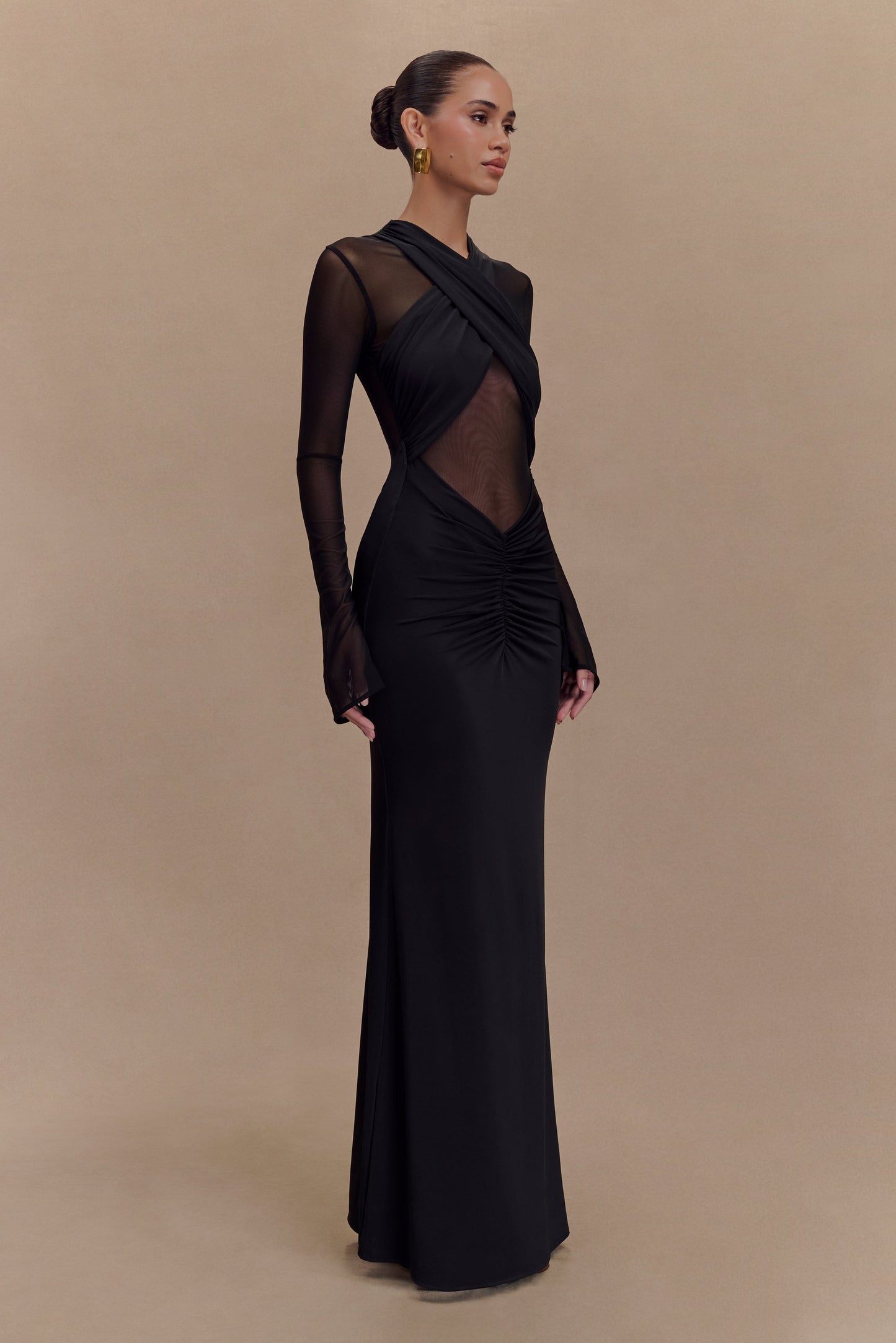Robe Maxi à Manches Longues en Mousseline et Maille Tania - Noir