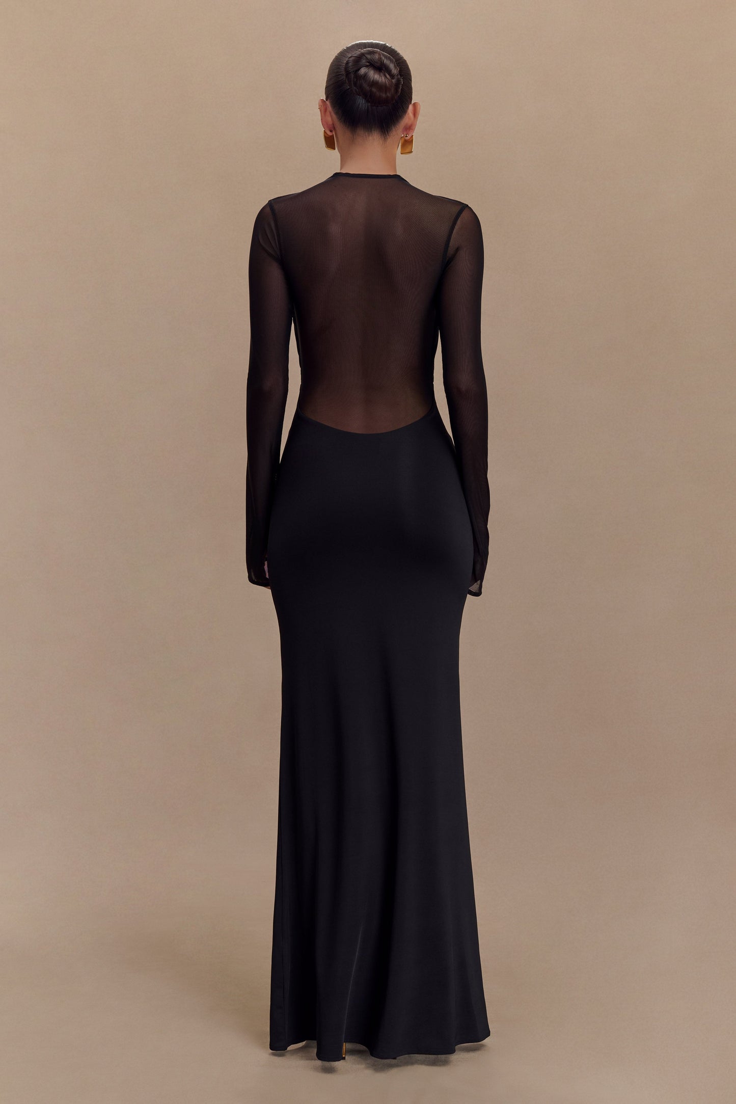 Robe Maxi à Manches Longues en Mousseline et Maille Tania - Noir